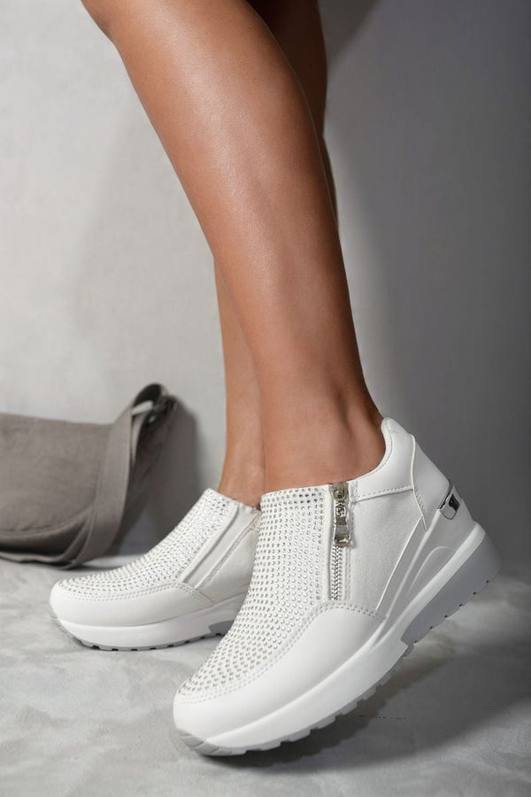 Judith Rhinestone Decor Zip Platform Trainers - White