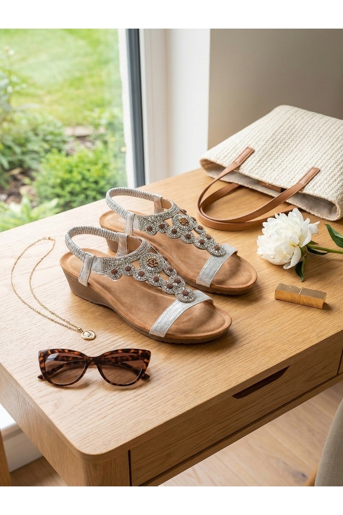 Jules Floral Beaded Wedge Sandals - Silver