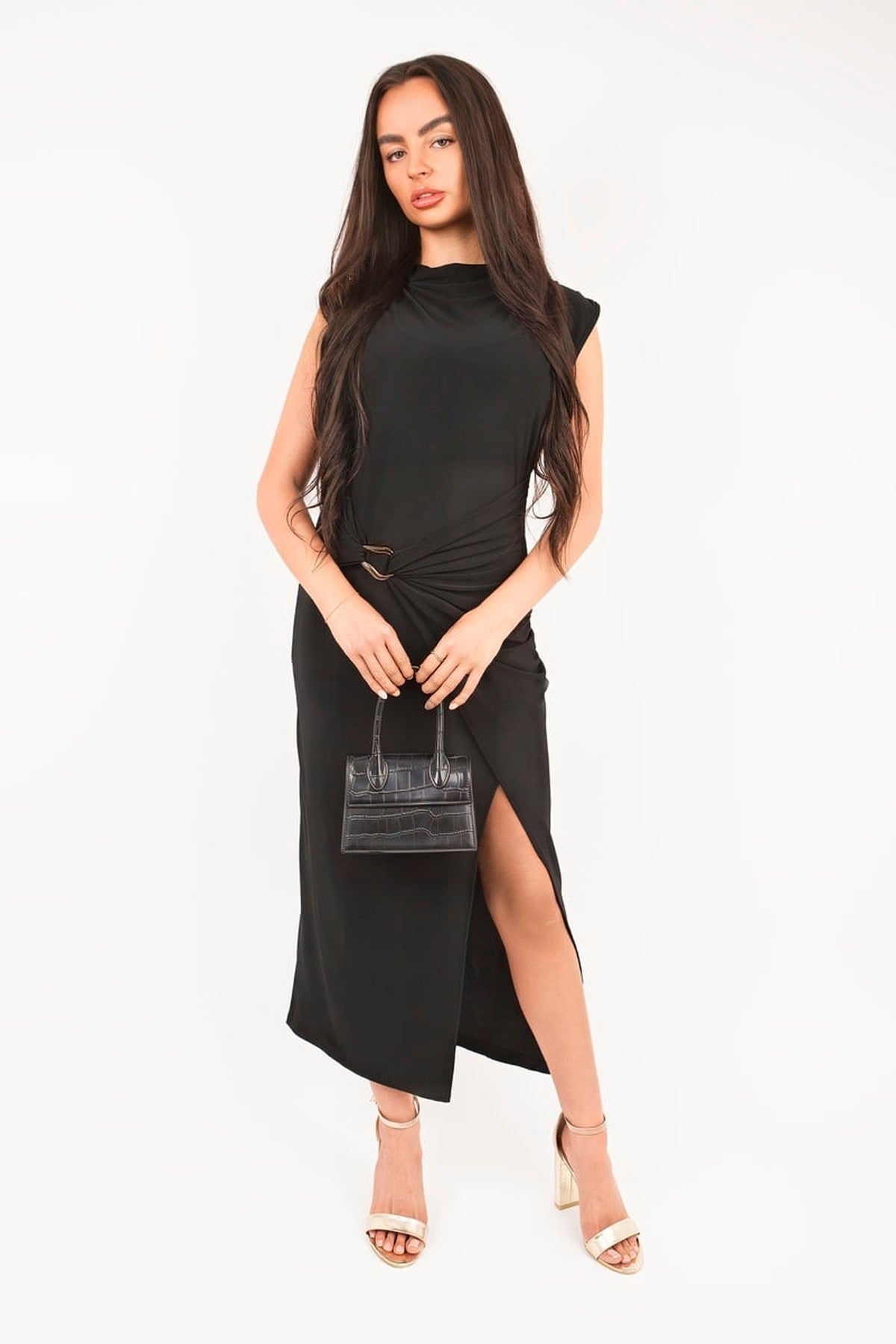 Kaida Sleeveless Drape Ring Detail Split Midi Dress - Black