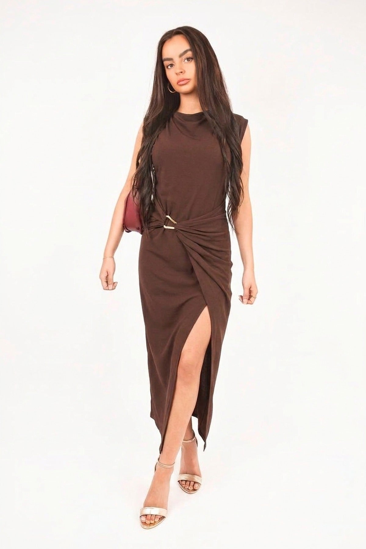 Kaida Sleeveless Drape Ring Detail Split Midi Dress - Chocolate