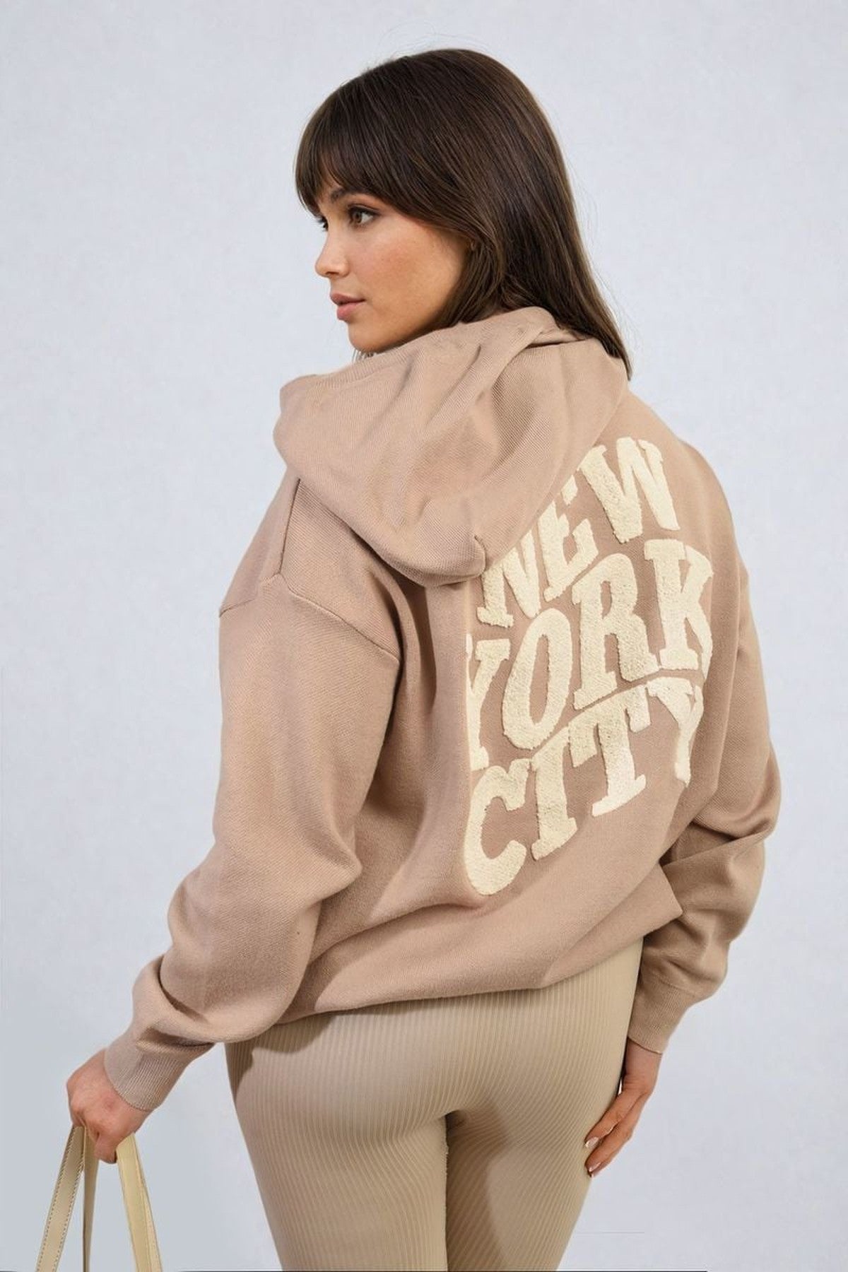 Karen New York City Print Knitted Hoodie - Camel