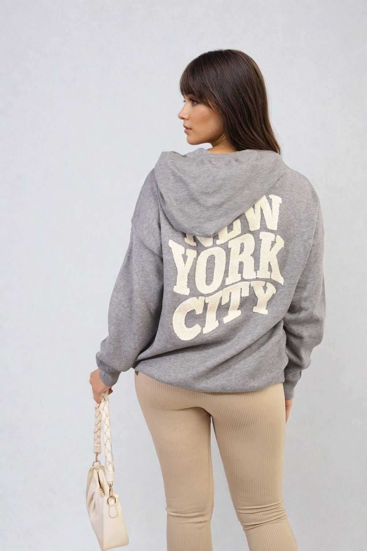 Karen New York City Print Knitted Hoodie - Grey
