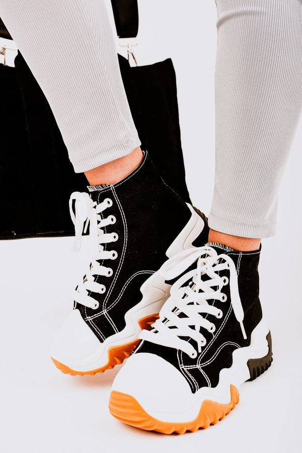 Kayla Chunky Platform Round Toe Lace Up Trainers - Black