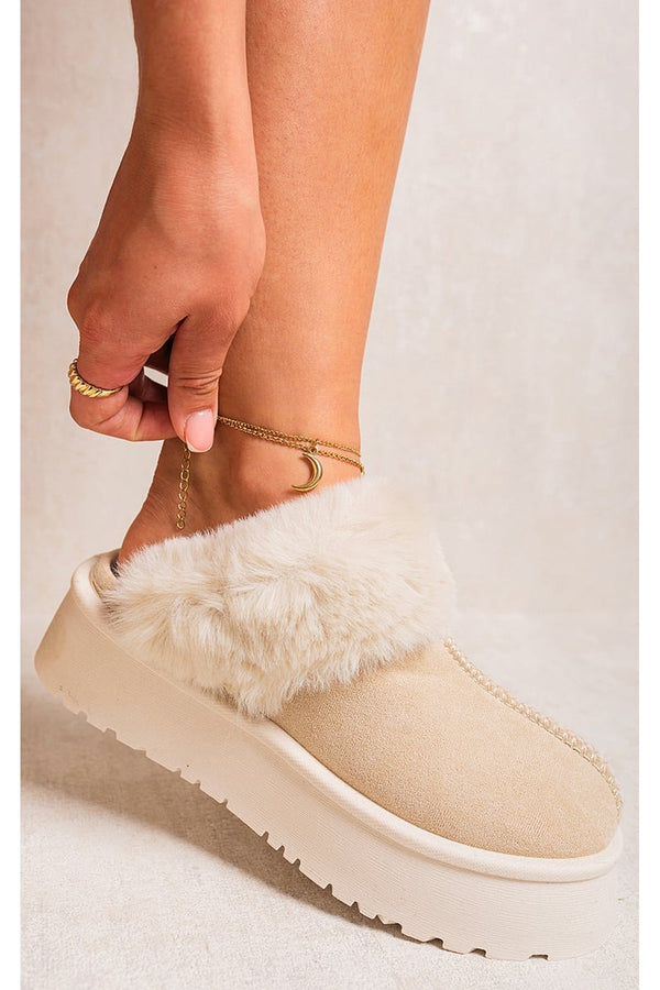 Kelly Faux Fur Trim Whisp Chunky Platform Slippers - Beige
