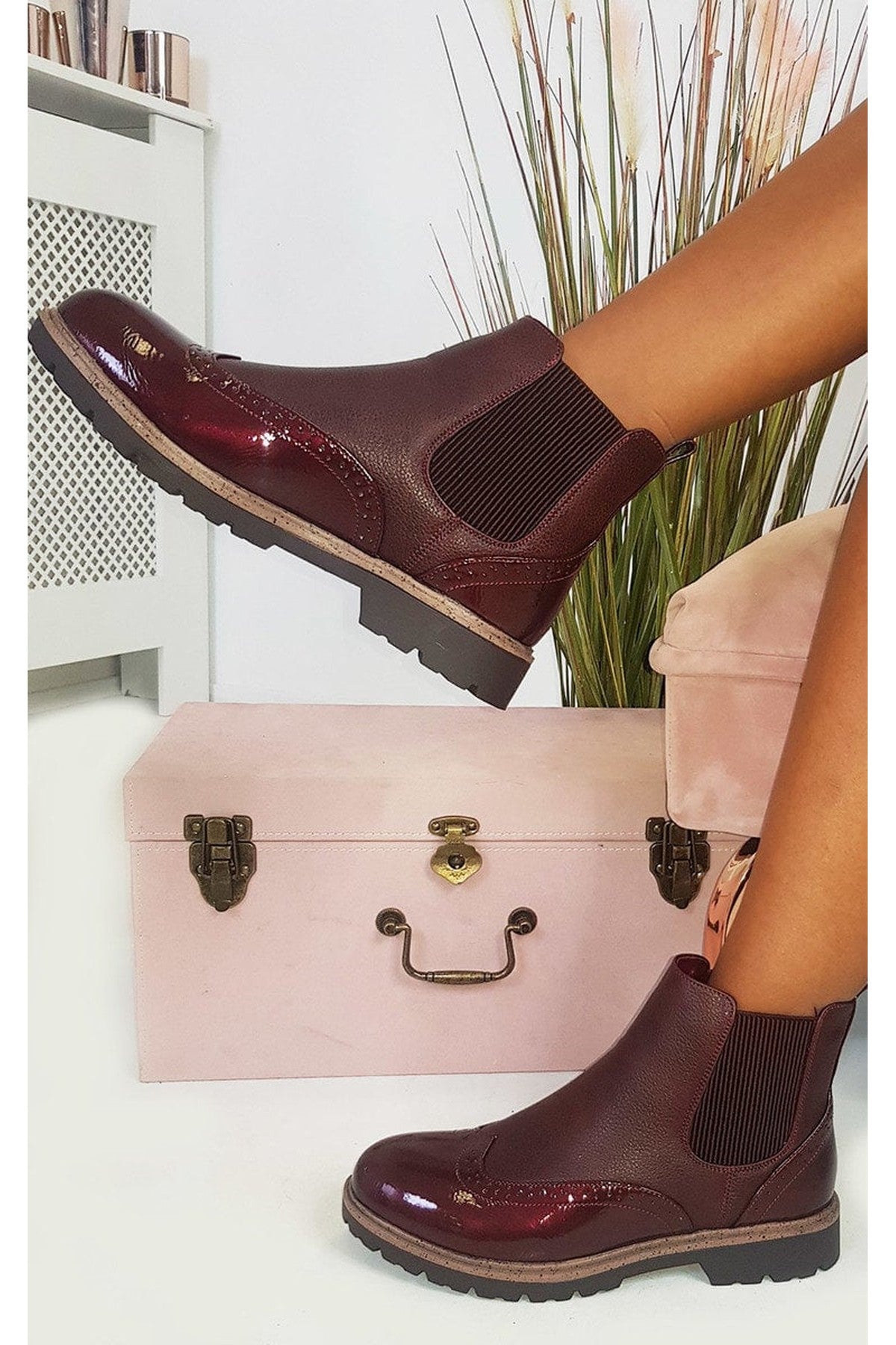 Kensie Faux Leather Brogue Chelsea Boots - Wine