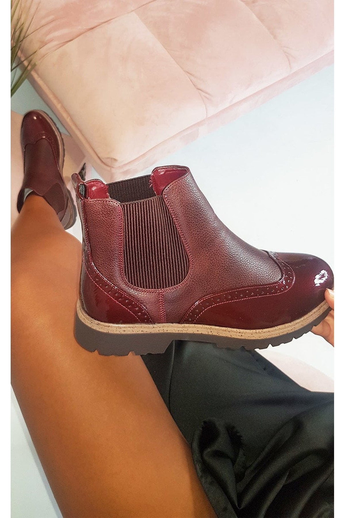 Kensie Faux Leather Brogue Chelsea Boots - Wine