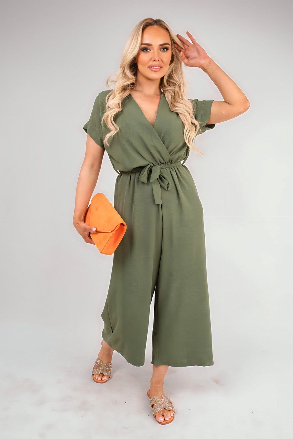 Nerina Wrap Short Sleeve Wide Leg Jumpsuit With Tie Waist - Khaki