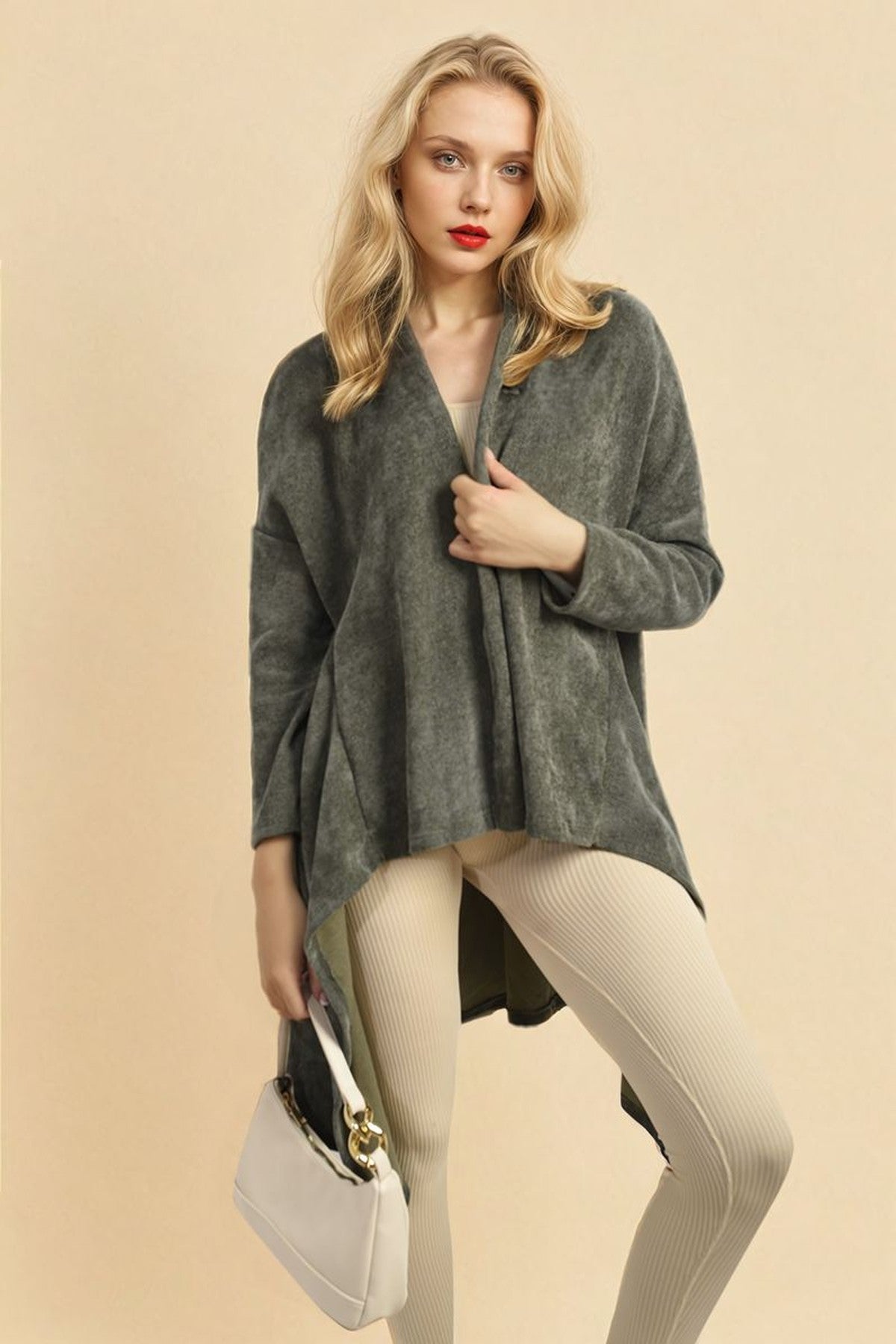 Lydia Open Front Long Back Knitted Cardigan - Khaki