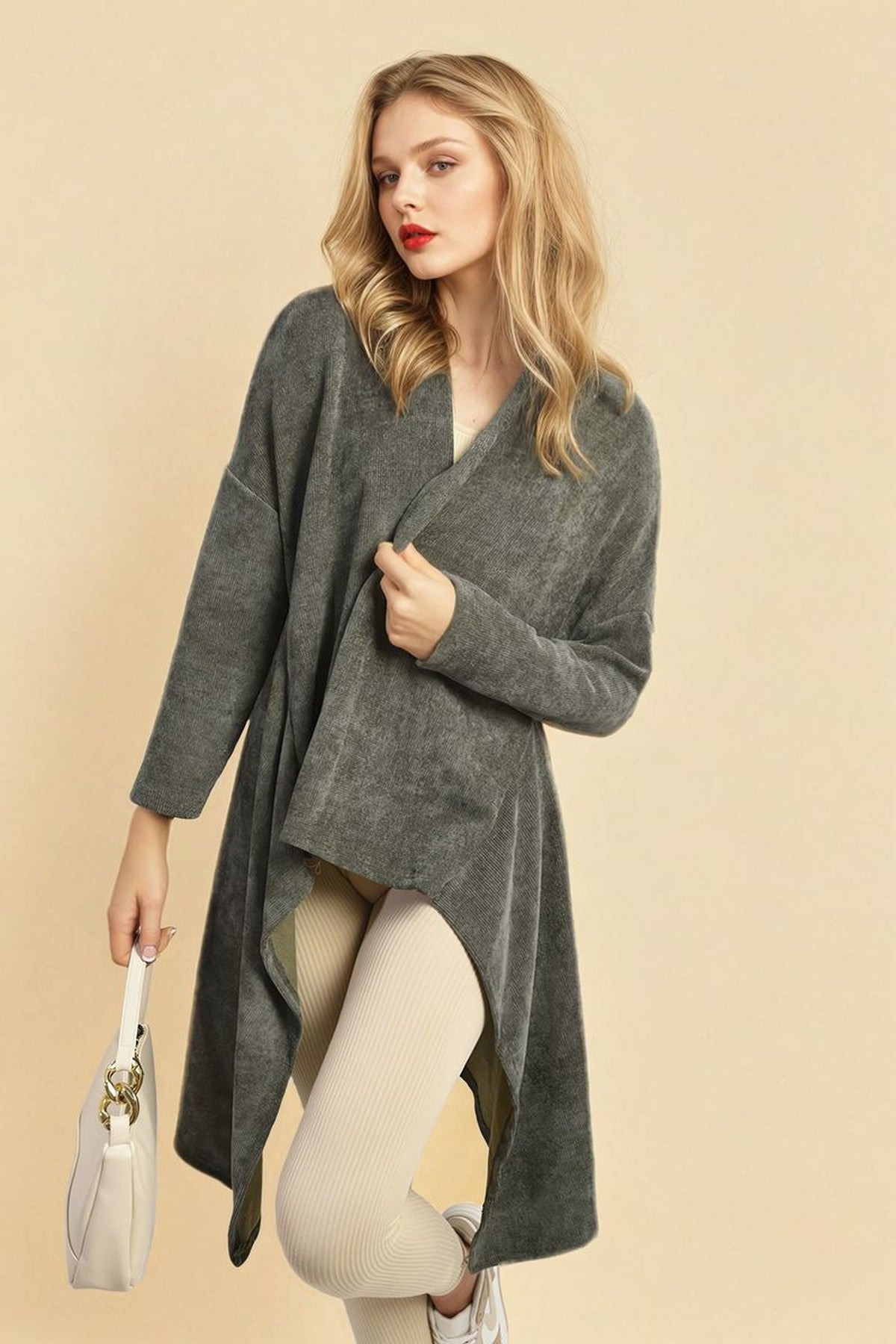 Lydia Open Front Long Back Knitted Cardigan - Khaki