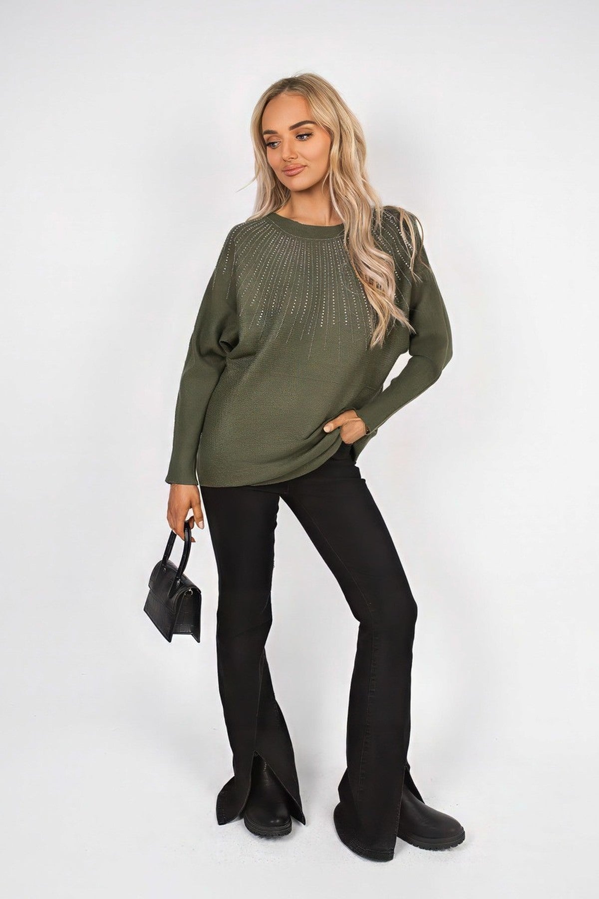 Haisley Long Sleeve Knitted Jumper With Embellished Neckline - Khaki