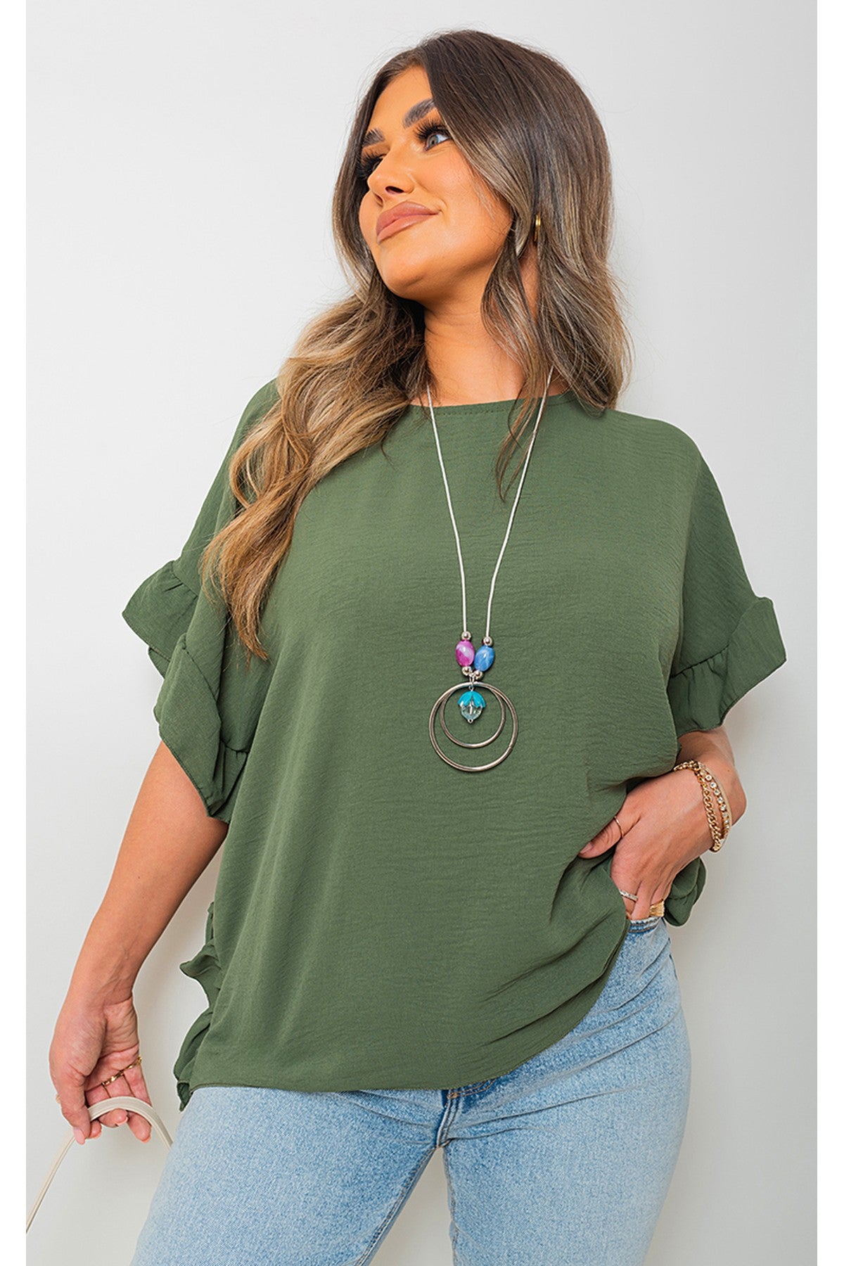 Vienna Frill Sleeve Top With Chain - Khaki