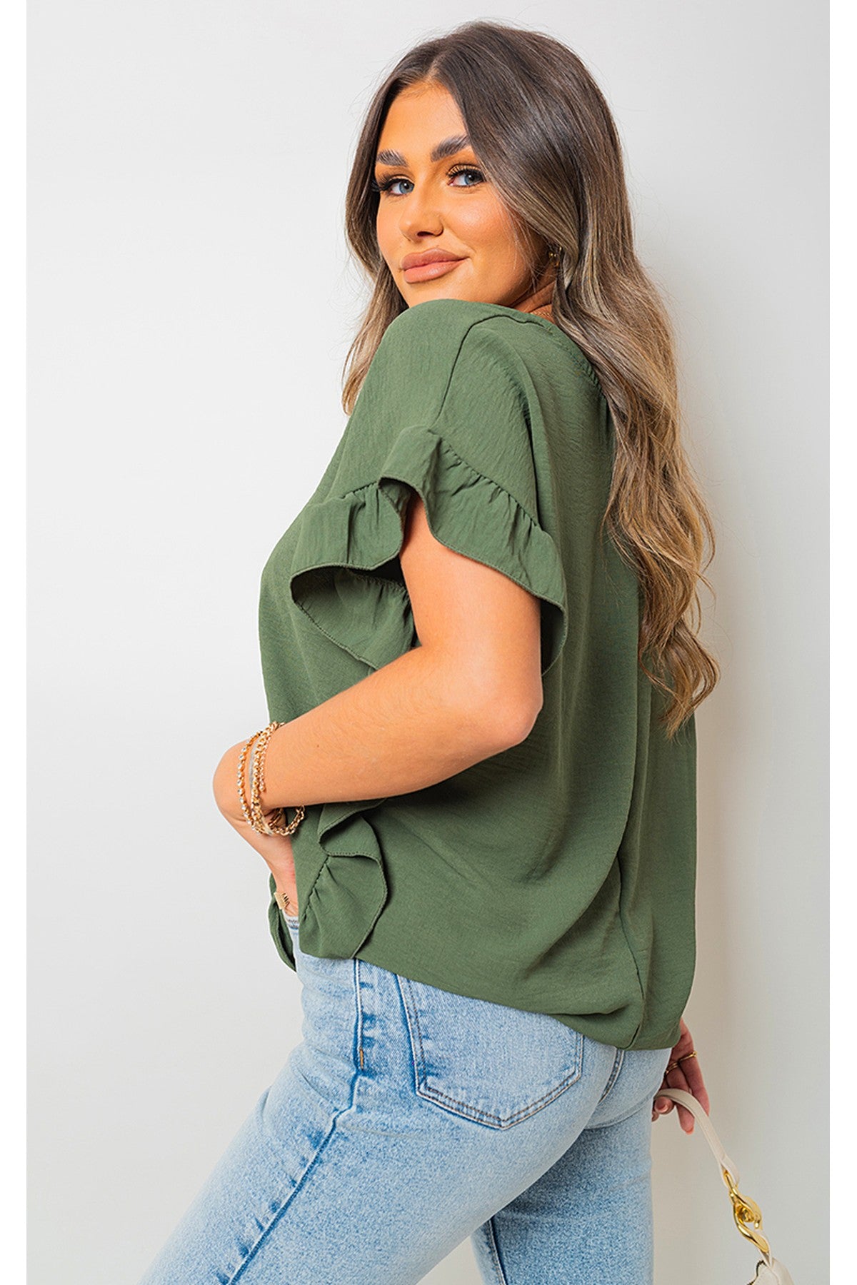 Vienna Frill Sleeve Top With Chain - Khaki