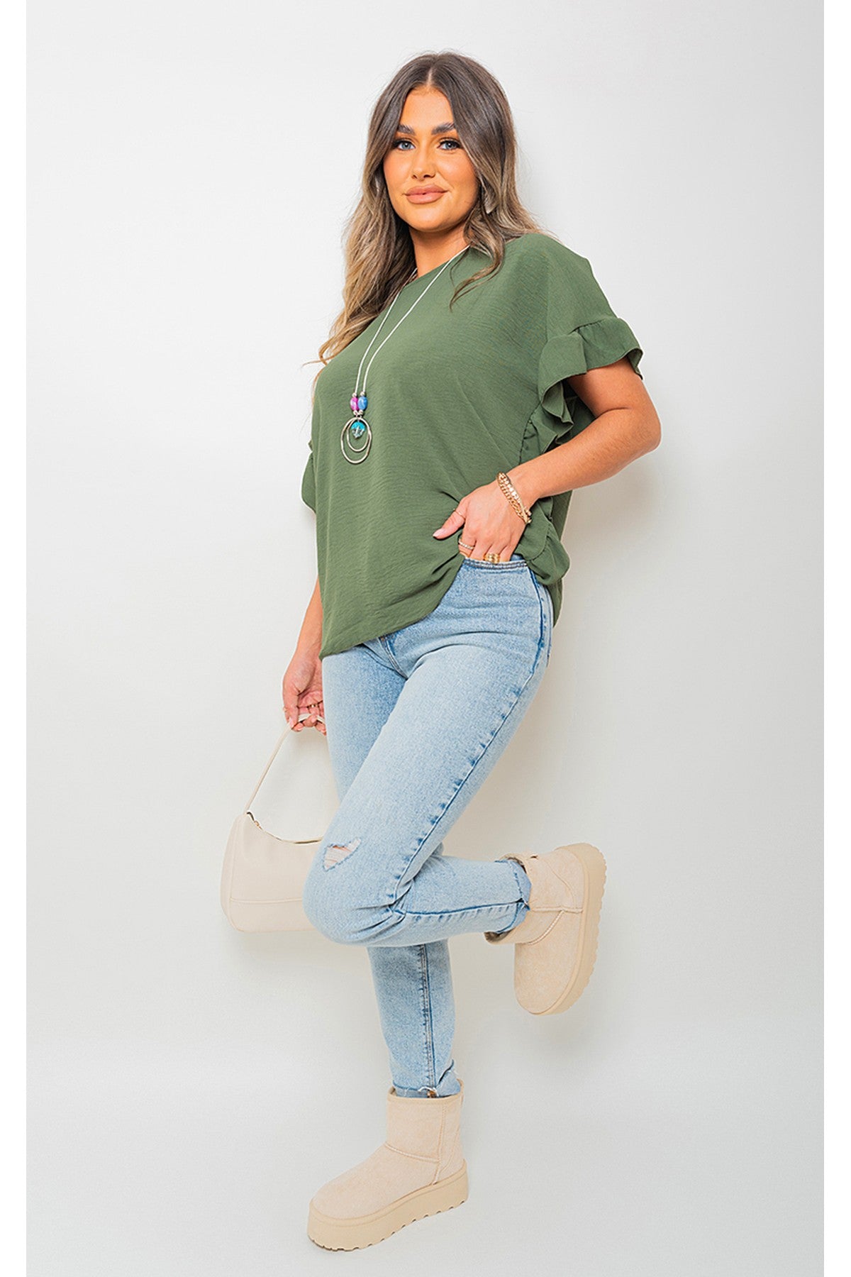 Vienna Frill Sleeve Top With Chain - Khaki