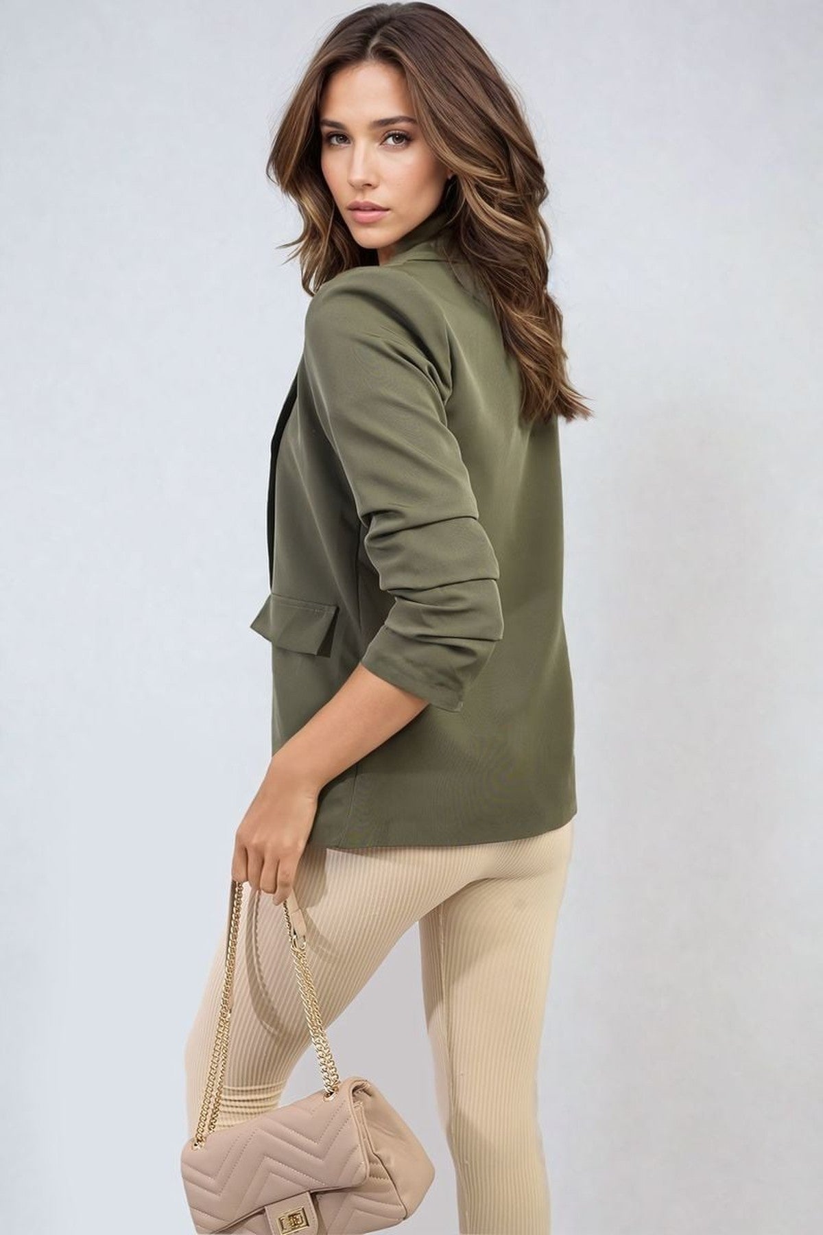 Valerie Ruched Sleeve Open Front Blazer Jacket With Front Pockets - Khaki
