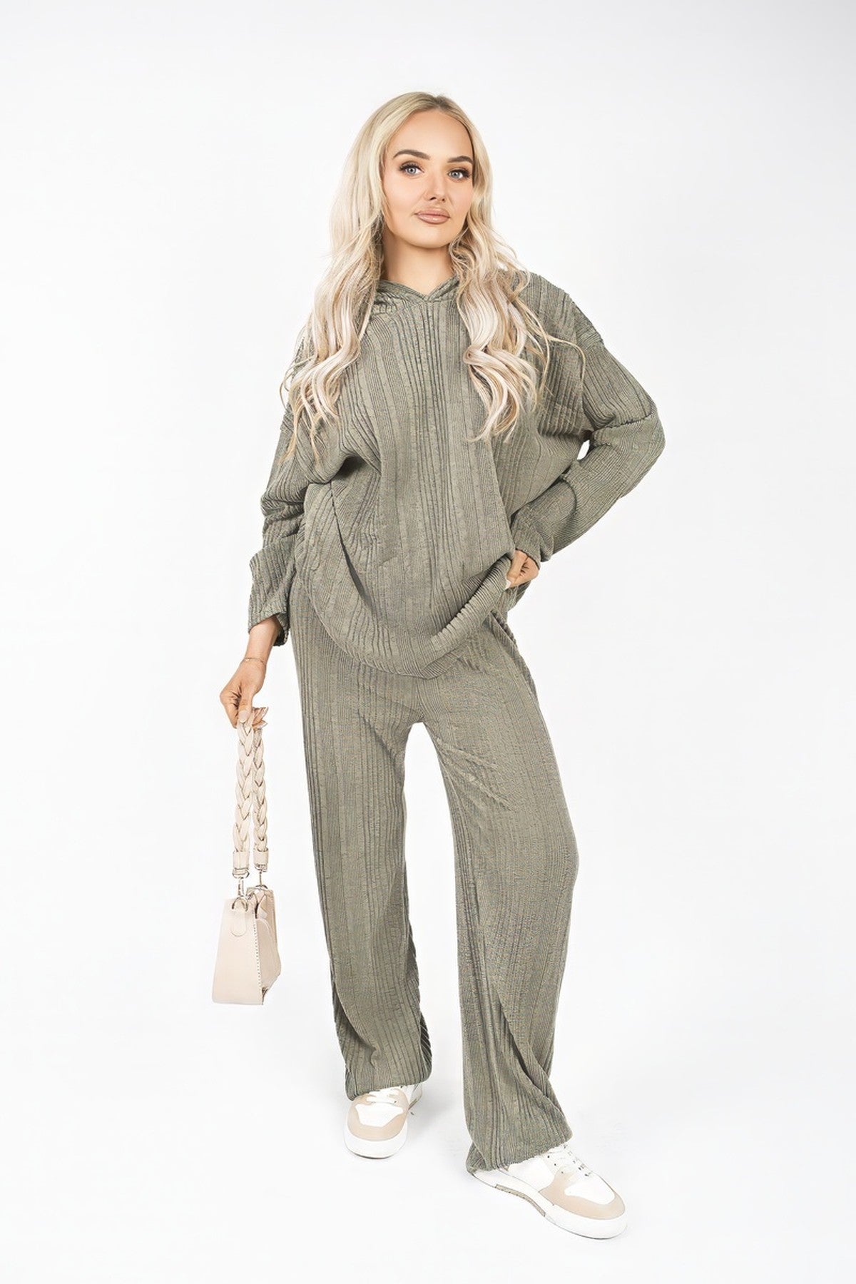 Zayana Hooded Ribbed Oversized Top And Wide Leg Lounge Co-ord Set - Khaki