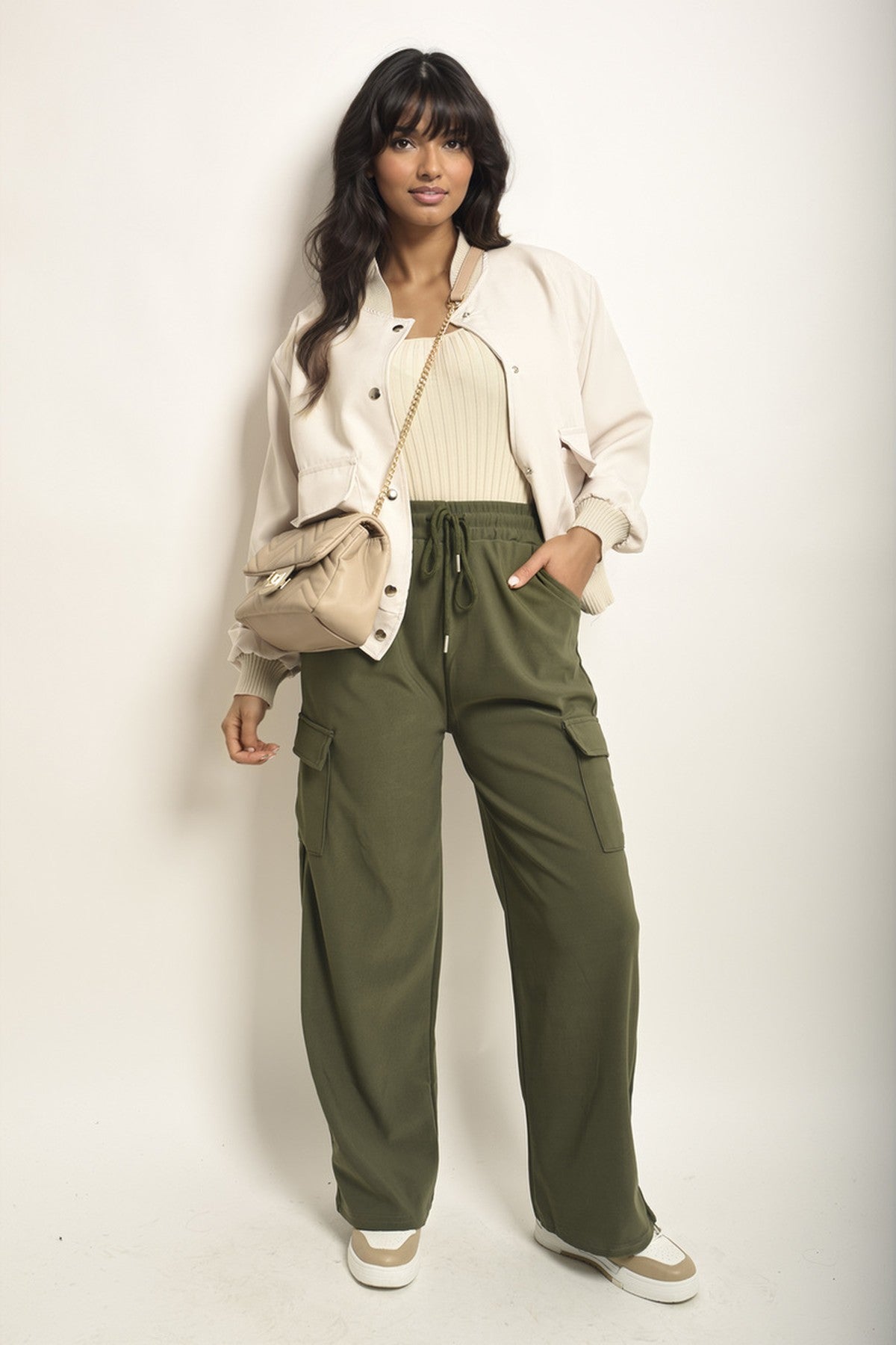 Faye Wide Leg Drawstring Waist Flap Pocket Trouser - Khaki