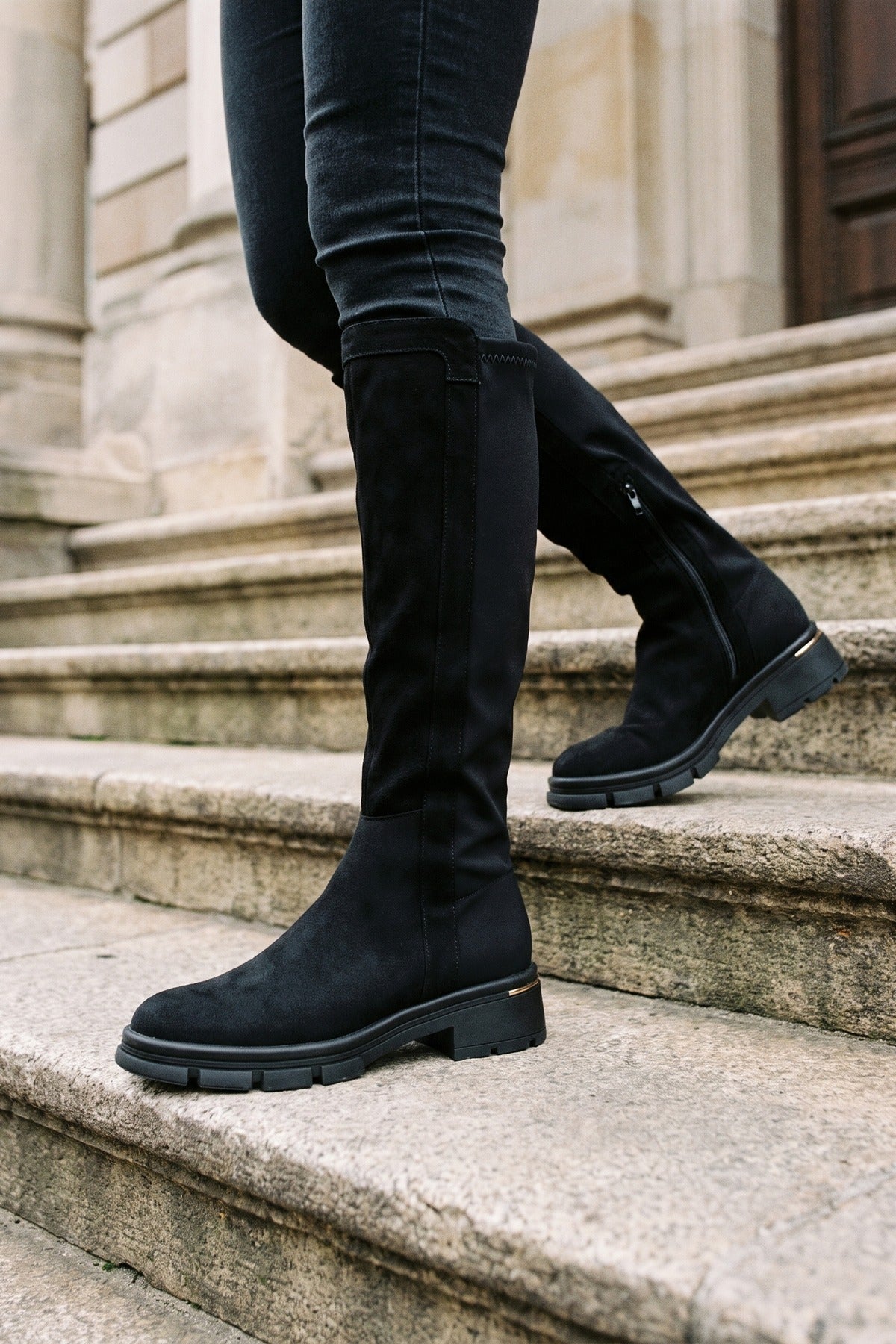 Malin Cleated Sole Knee High Riding Boots - Black Microfibre