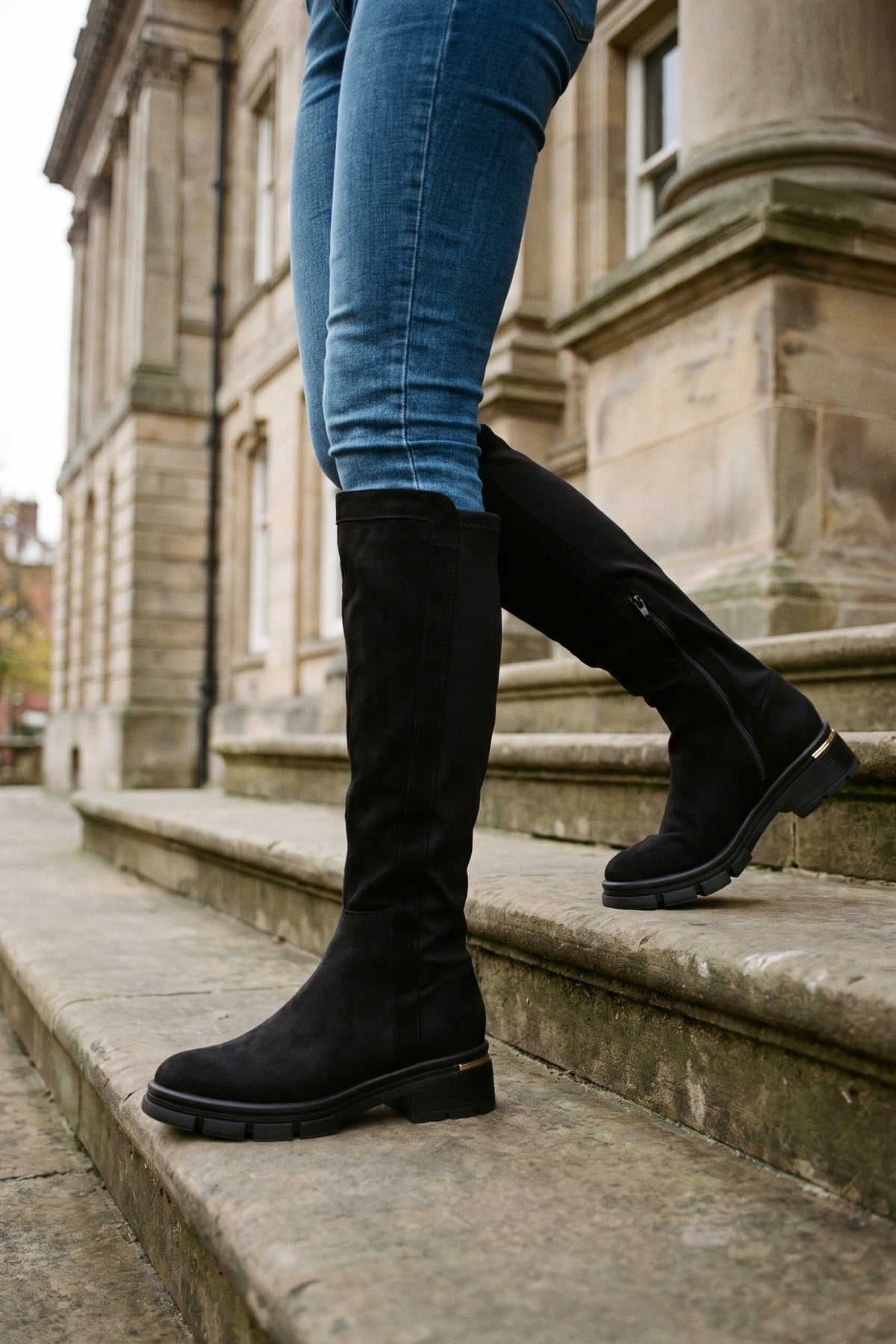 Malin Cleated Sole Knee High Riding Boots - Black Microfibre