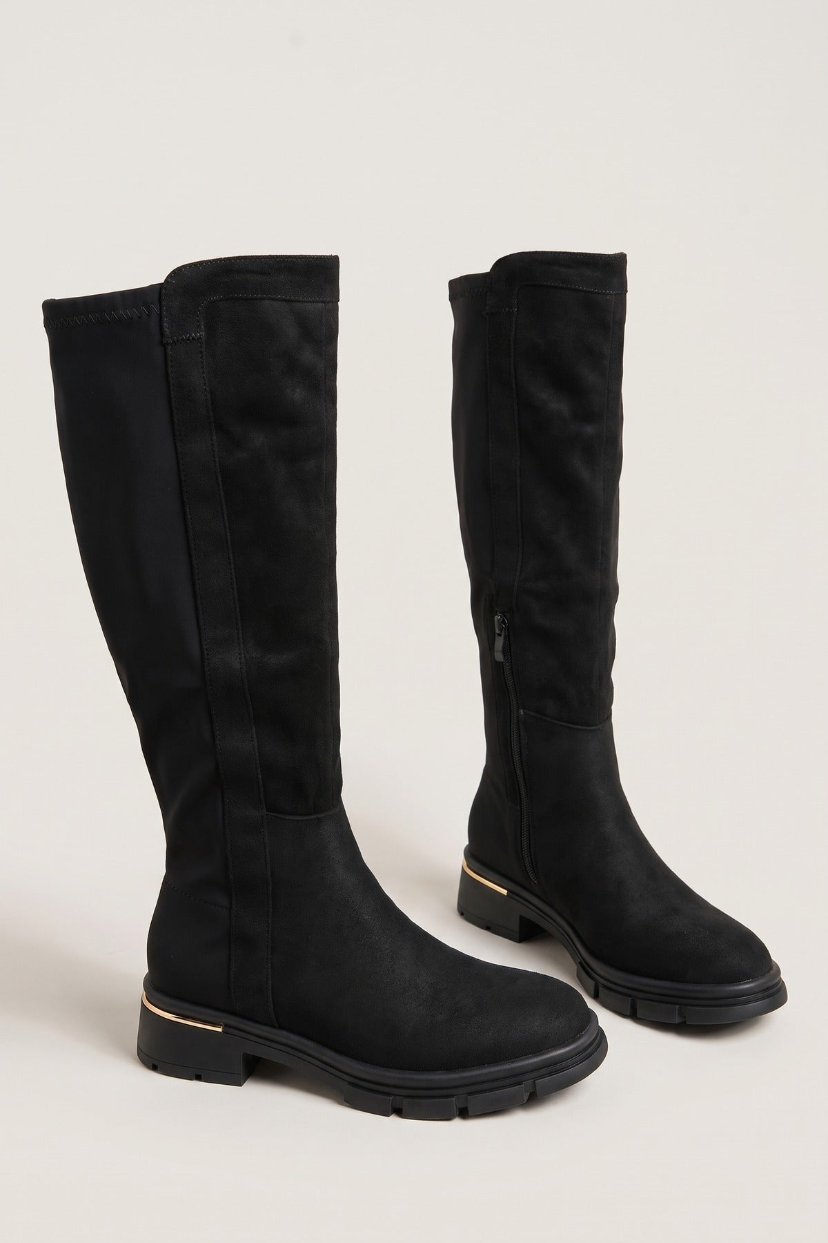 Malin Cleated Sole Knee High Riding Boots - Black Microfibre