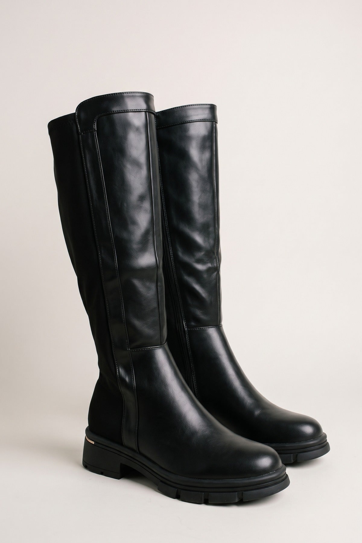 Malin Cleated Sole Knee High Riding Boots - Black PU
