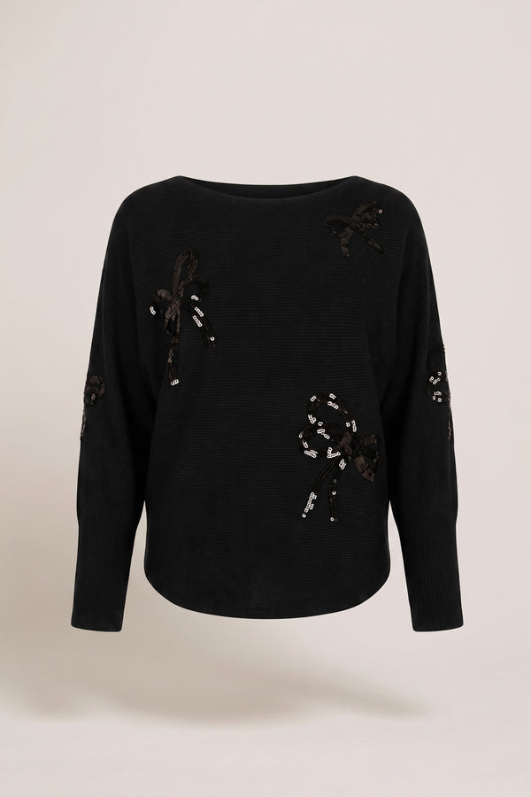 Marivelle Knitted Jumper With Sequin Bow Detail - Black
