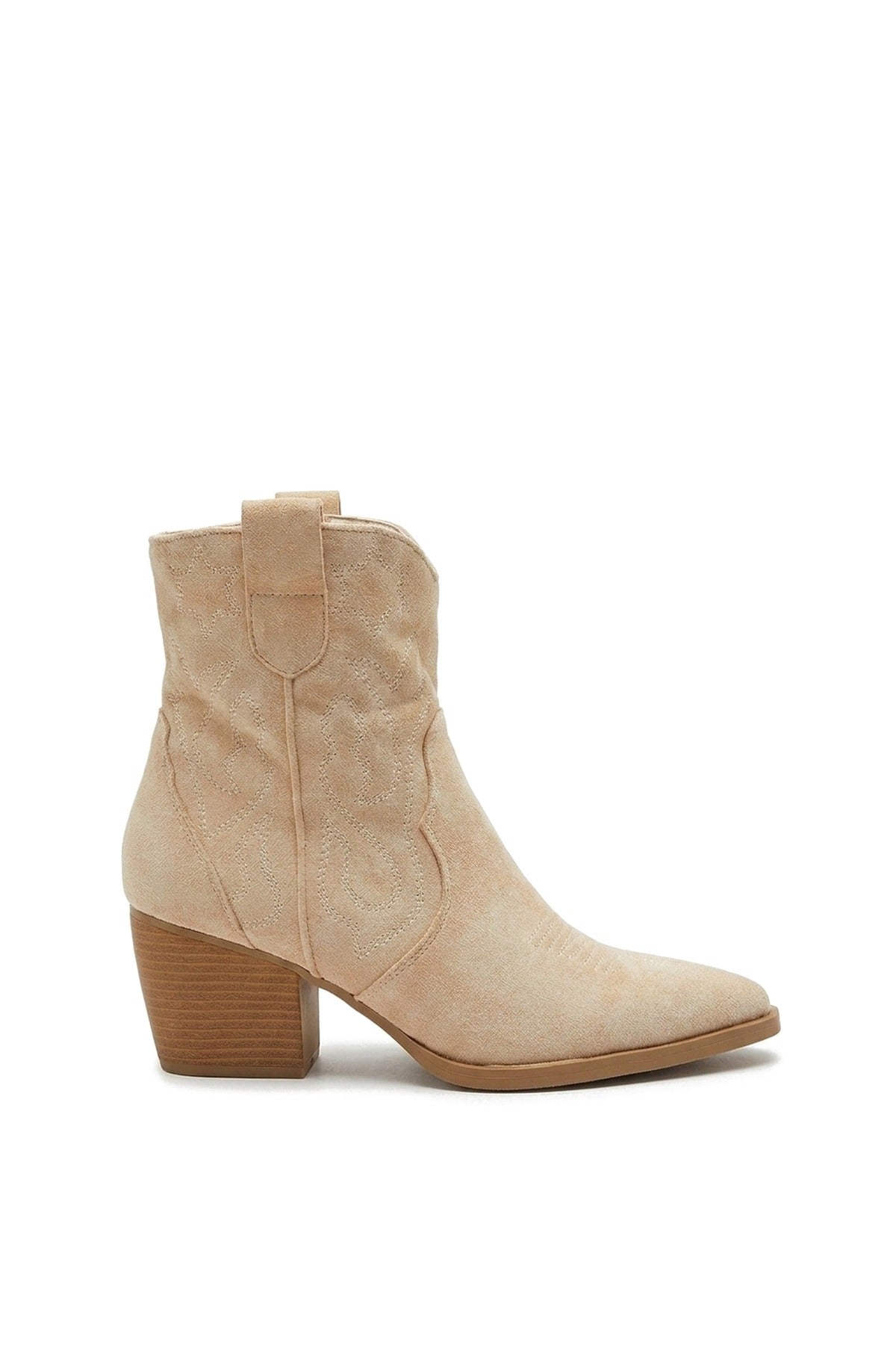 Laura Faux Suede Cowboy Ankle Length Boots - Light Beige
