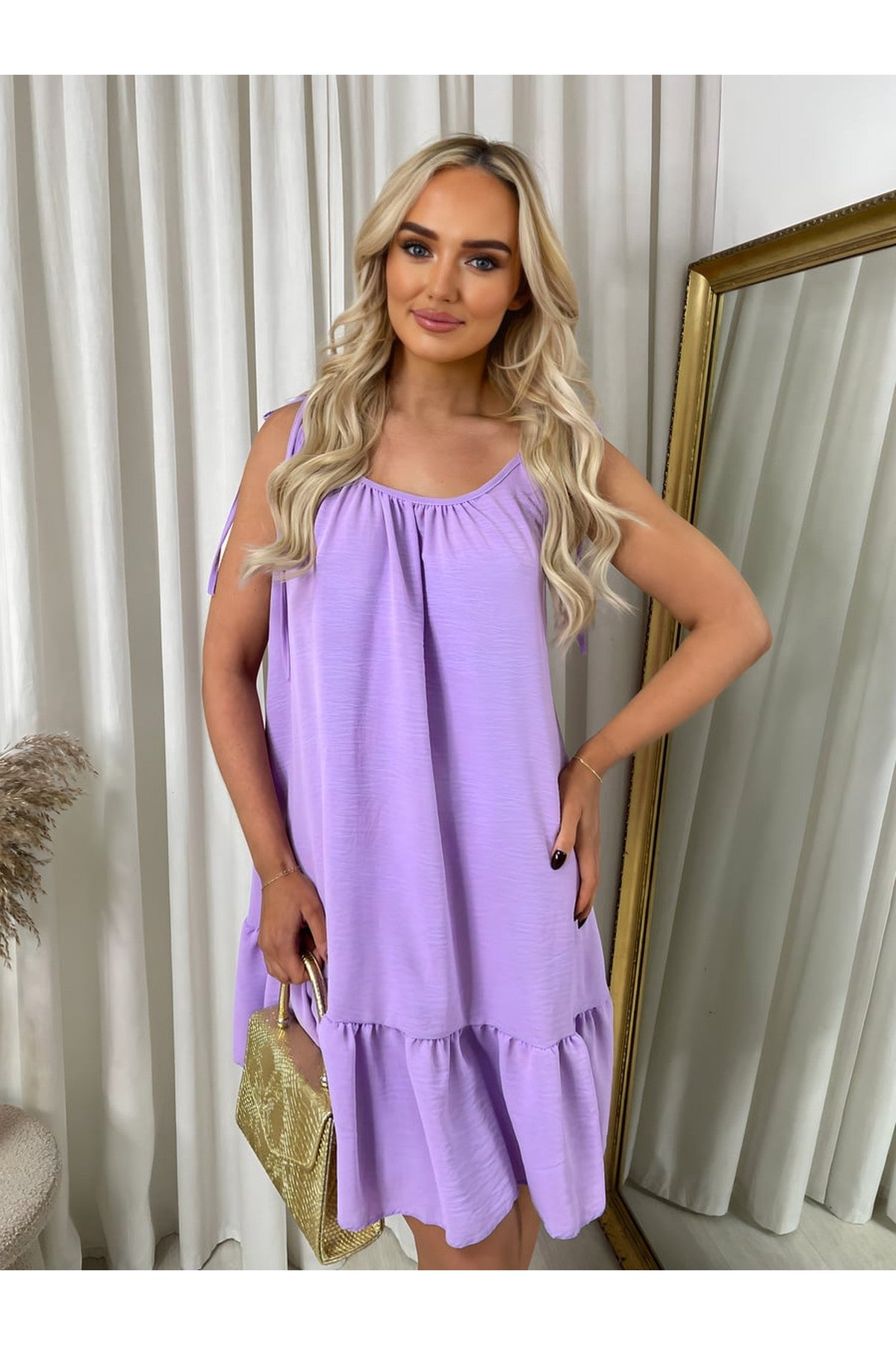 Faye Backless Tie-up Spaghetti Strap Frill Hem Mini Dress - Lavendar