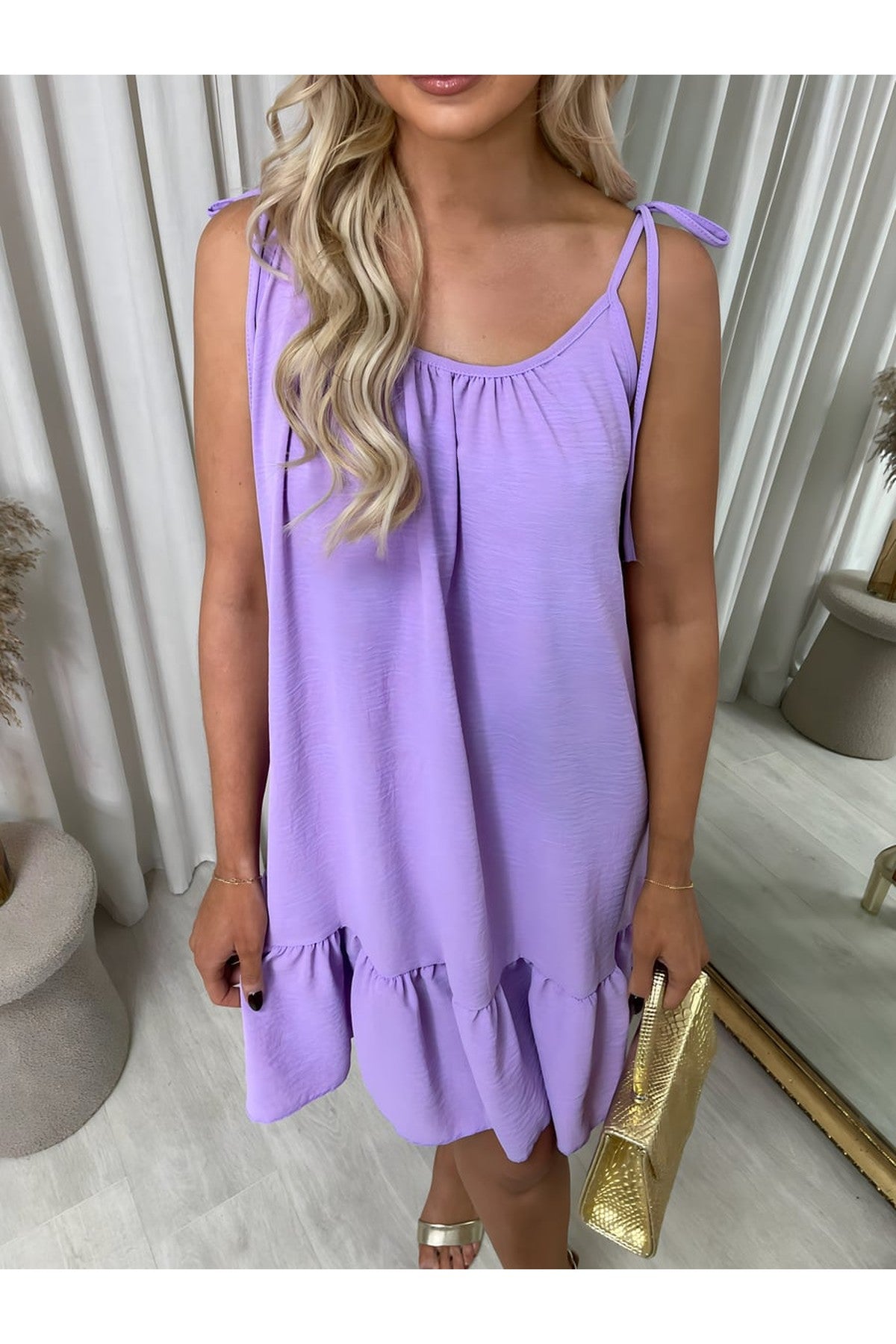 Faye Backless Tie-up Spaghetti Strap Frill Hem Mini Dress - Lavendar