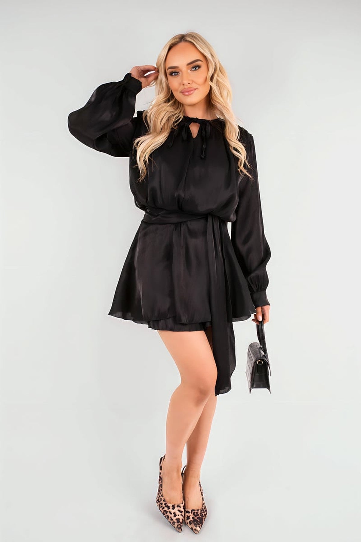 Laylani Satin Long Sleeve Ruffle Belted Mini Dress - Black