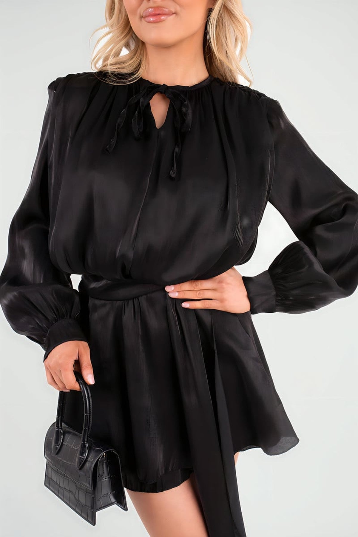 Laylani Satin Long Sleeve Ruffle Belted Mini Dress - Black