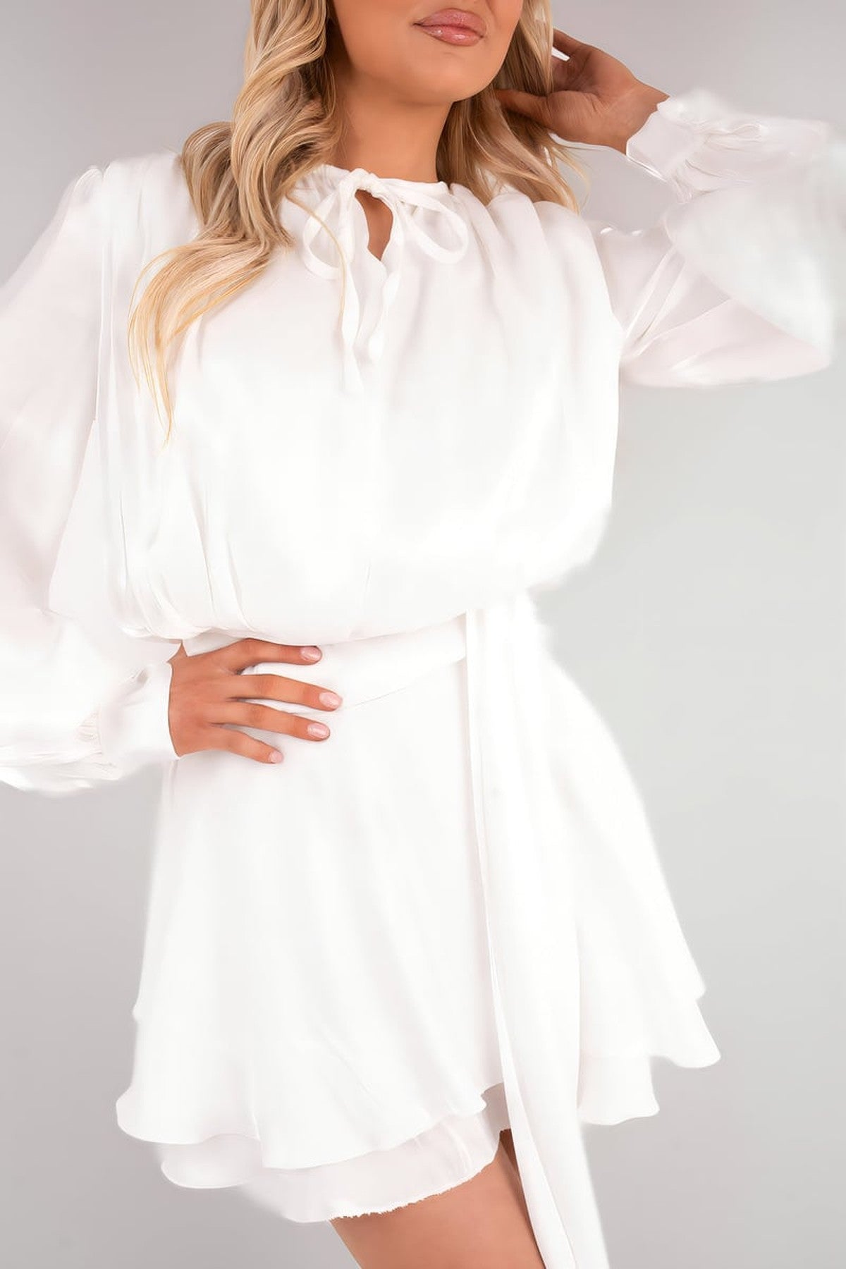 Laylani Satin Long Sleeve Ruffle Belted Mini Dress - White