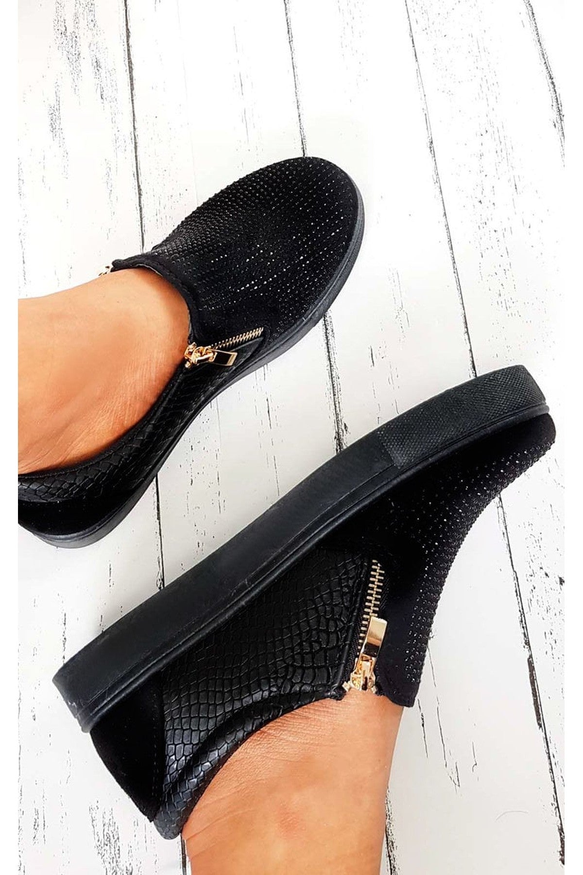 Leah Crystal Suede Zip Pumps Trainers - Black