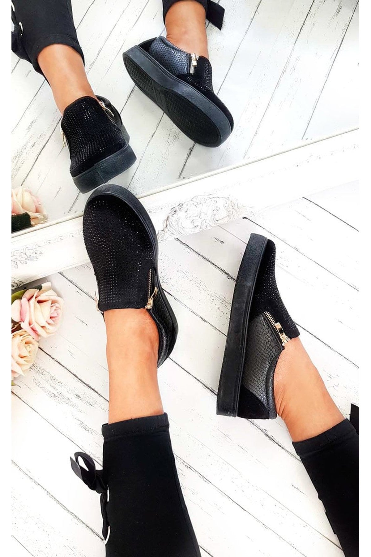 Leah Crystal Suede Zip Pumps Trainers - Black