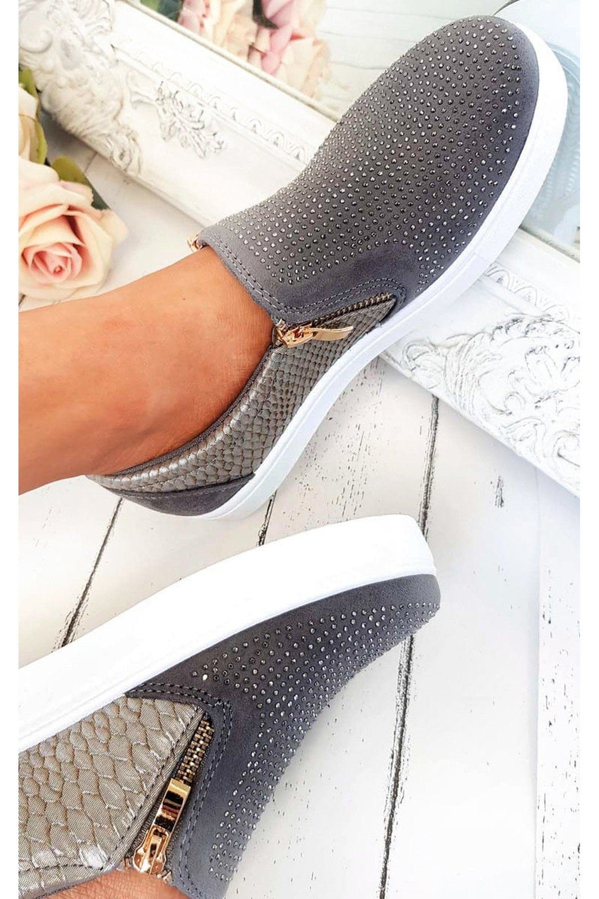 Leah Crystal Suede Zip Pumps Trainers - Grey