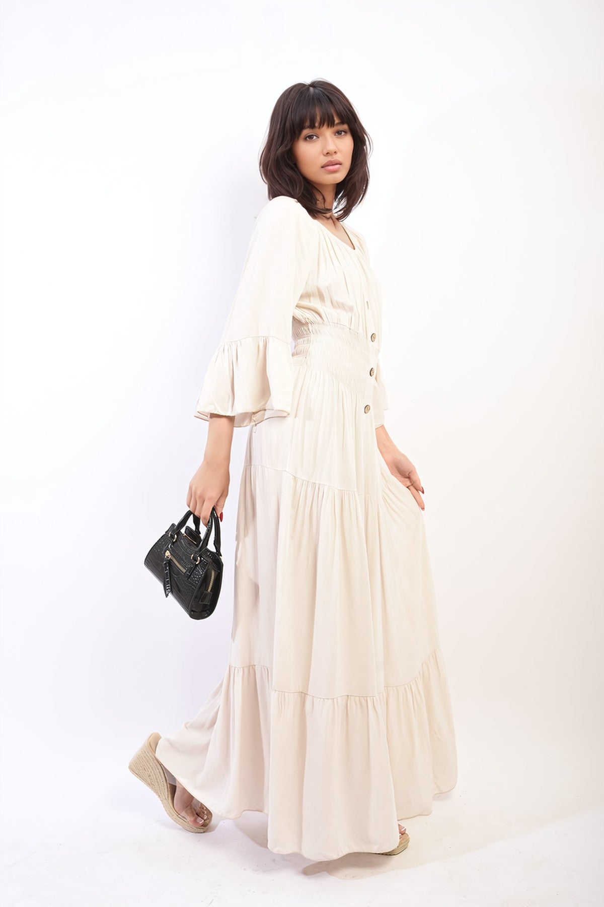 Leah Ruffle Hem Sleeve Shirred Waist Tiered Maxi Dress - Beige