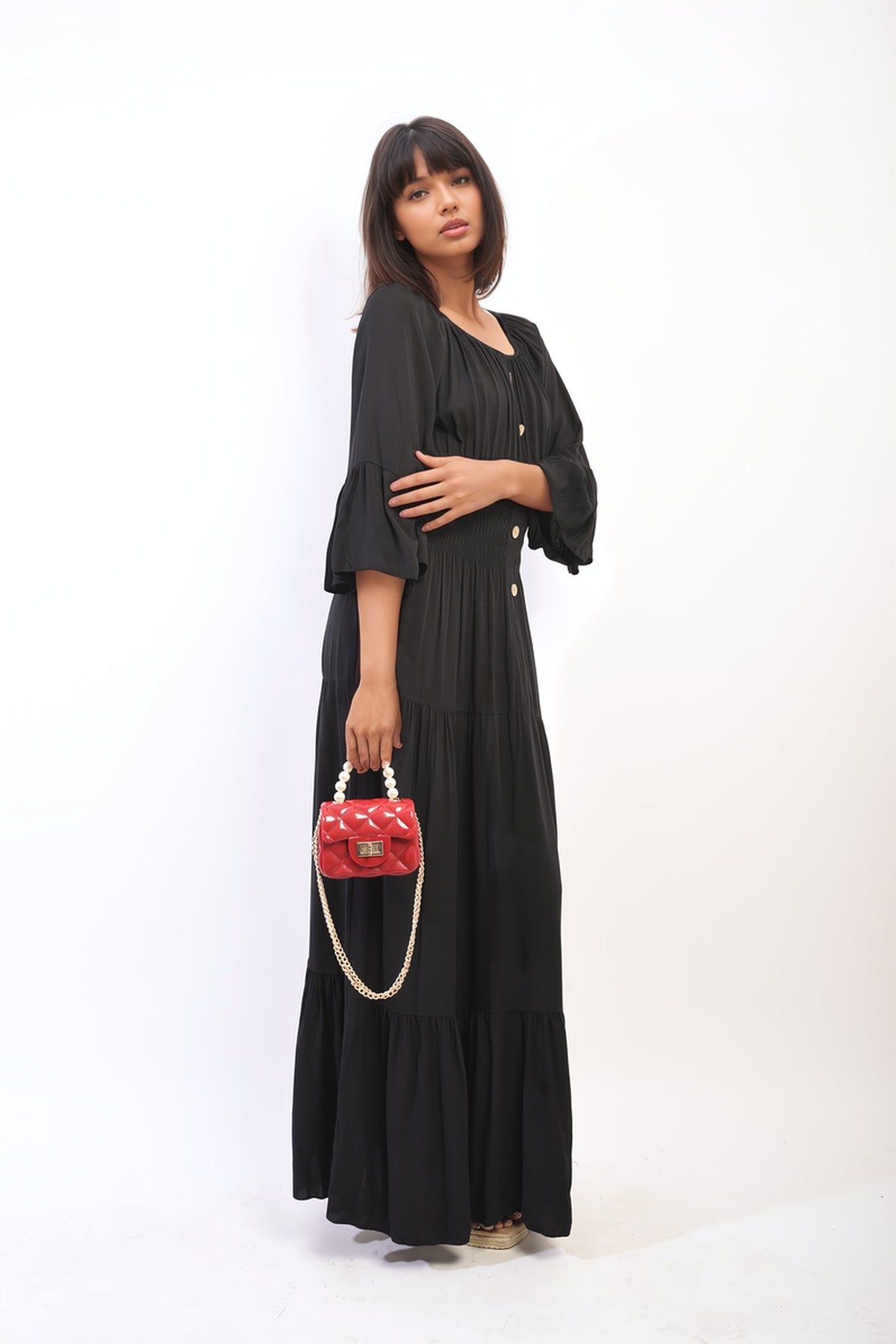Leah Ruffle Hem Sleeve Shirred Waist Tiered Maxi Dress - Black