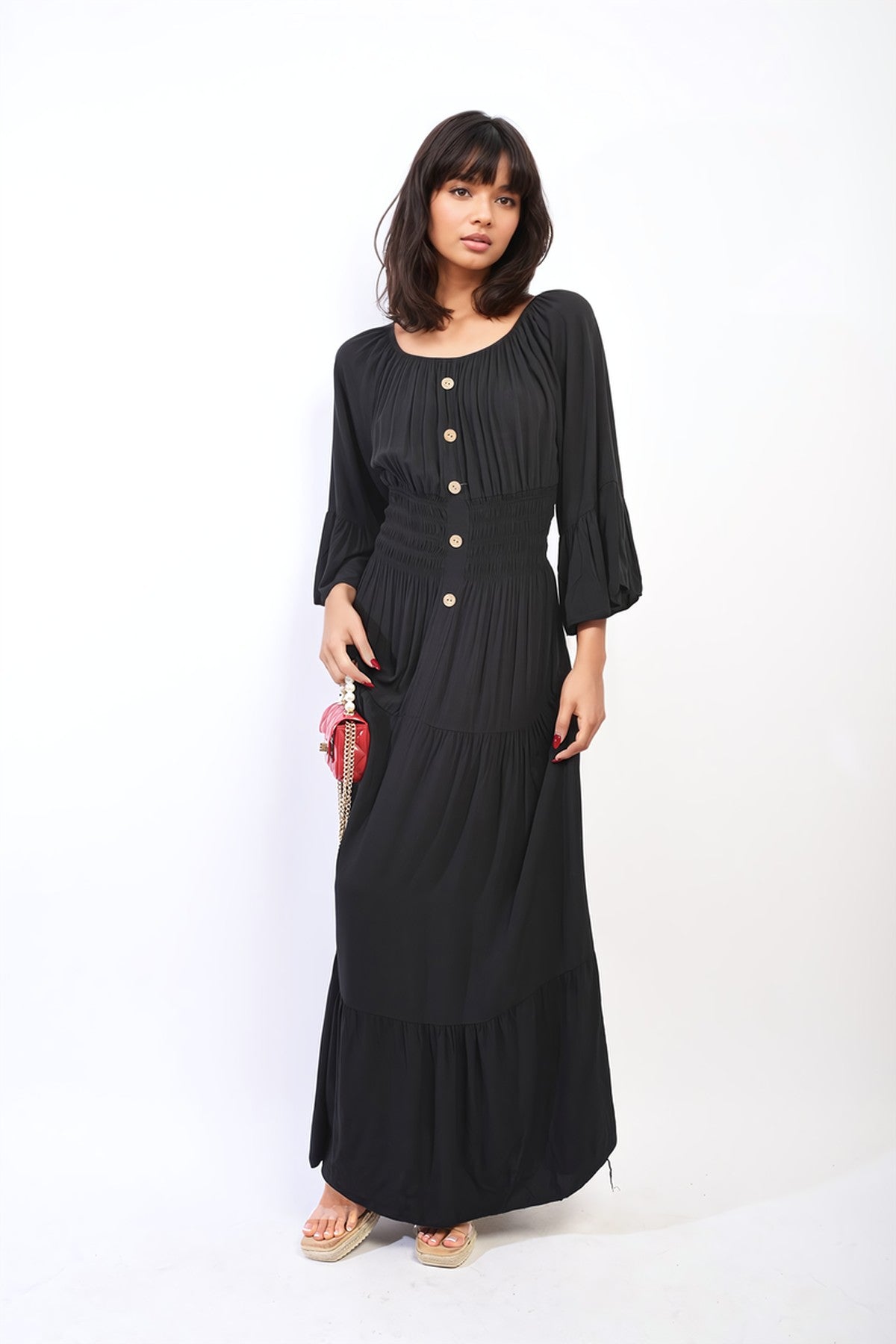 Leah Ruffle Hem Sleeve Shirred Waist Tiered Maxi Dress - Black