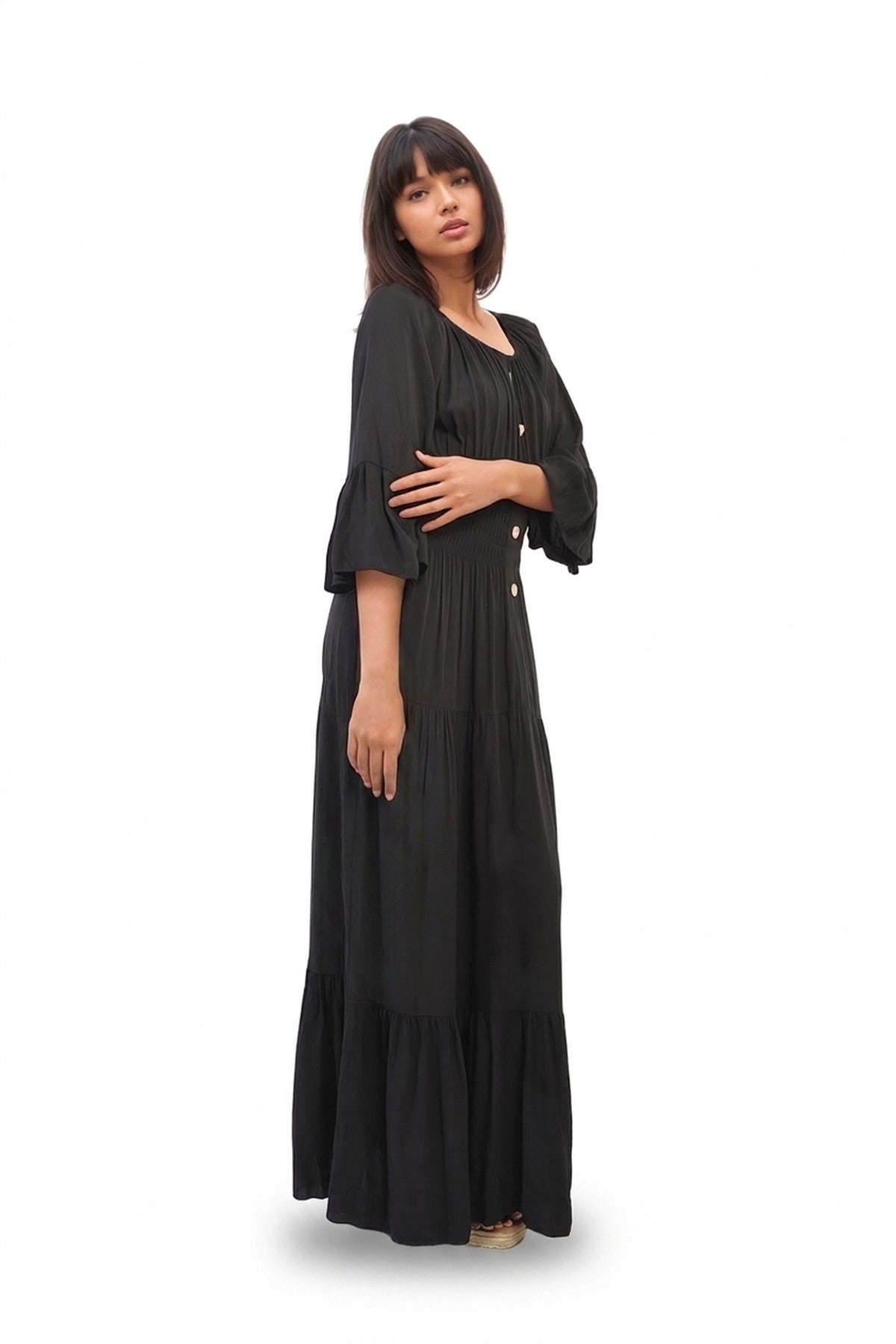 Leah Ruffle Hem Sleeve Shirred Waist Tiered Maxi Dress - Black_wb
