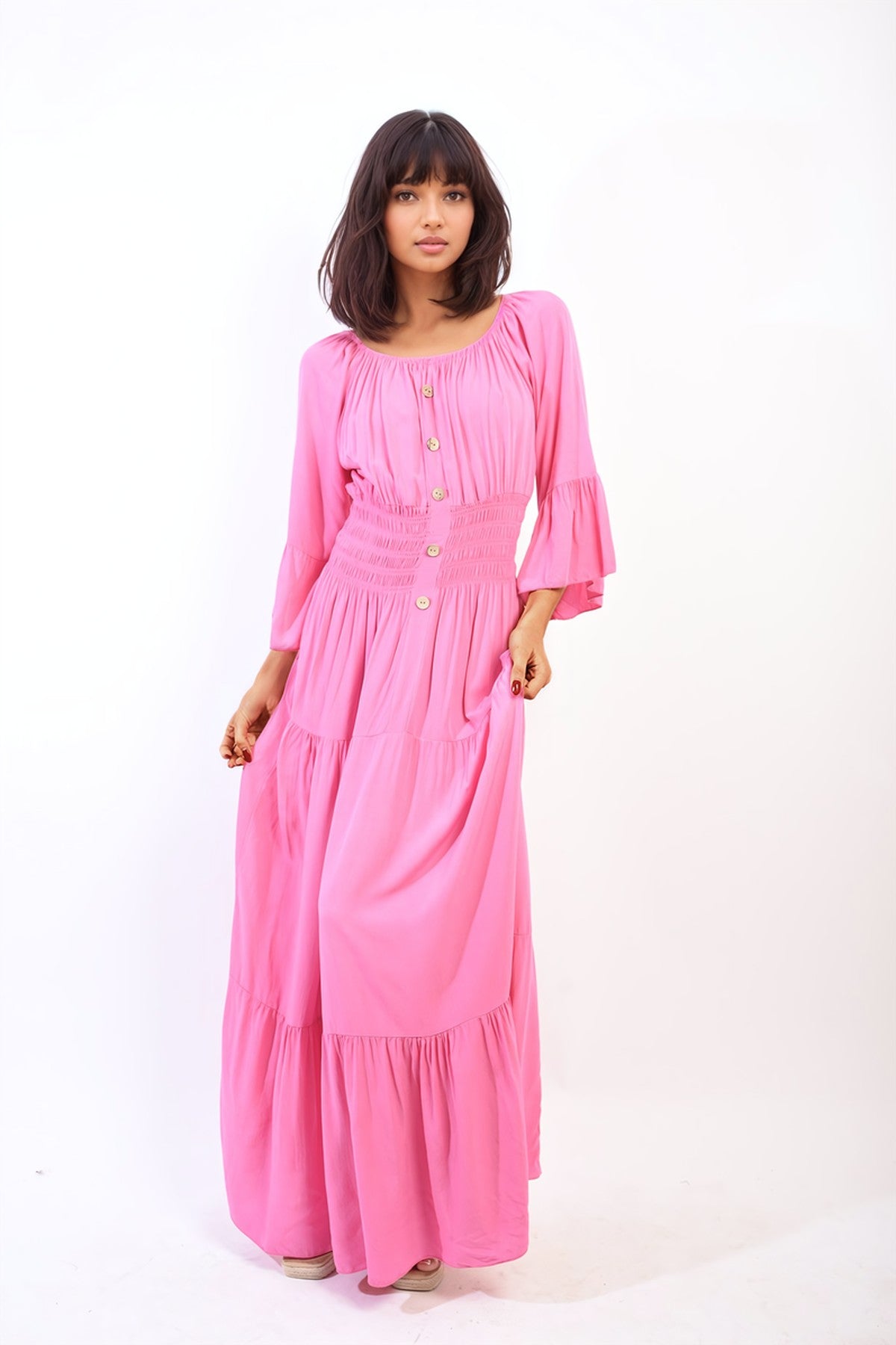 Leah Ruffle Hem Sleeve Shirred Waist Tiered Maxi Dress - Fuschia