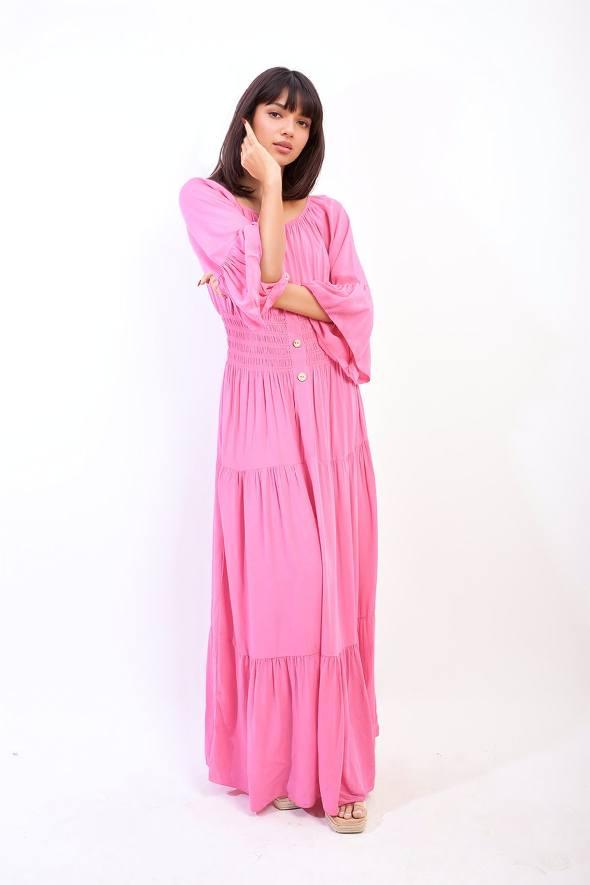Leah Ruffle Hem Sleeve Shirred Waist Tiered Maxi Dress - Fuschia
