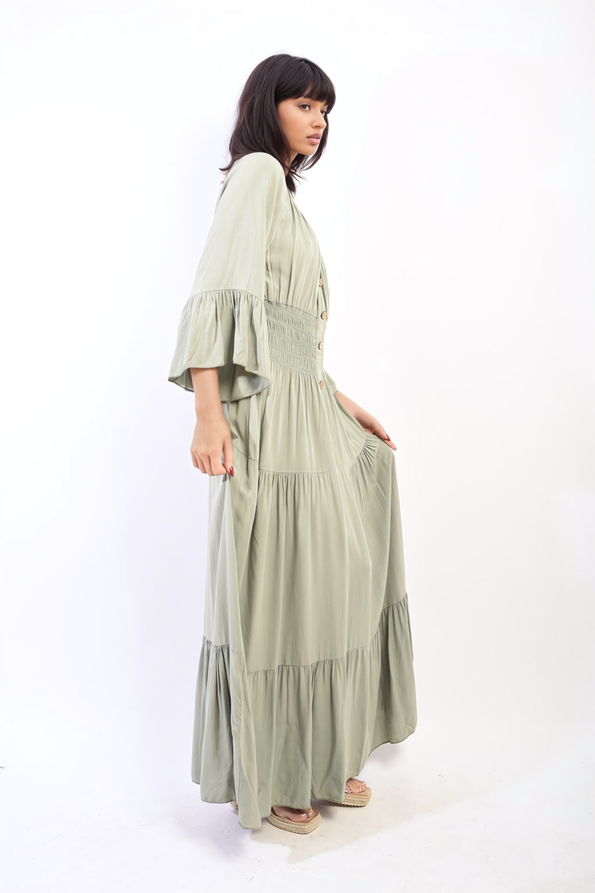 Leah Ruffle Hem Sleeve Shirred Waist Tiered Maxi Dress - Khaki