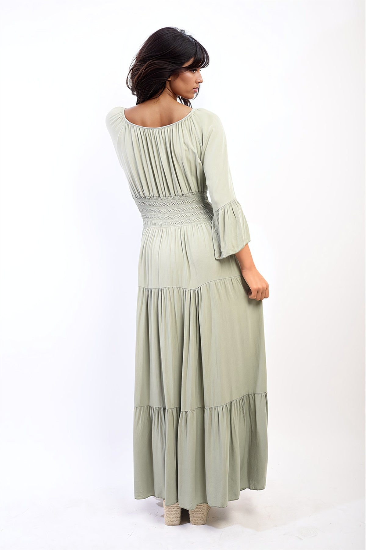 Leah Ruffle Hem Sleeve Shirred Waist Tiered Maxi Dress - Khaki