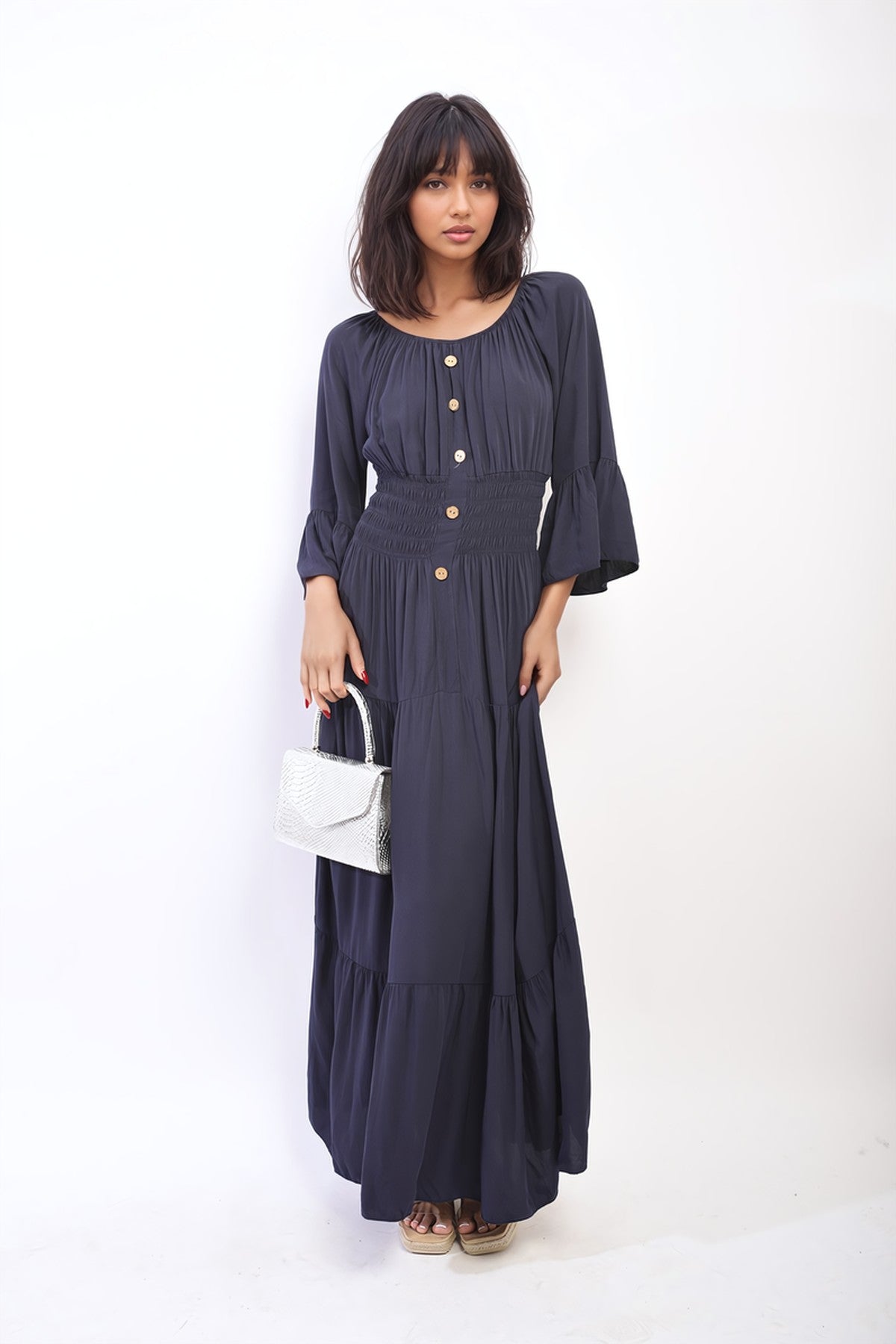 Leah Ruffle Hem Sleeve Shirred Waist Tiered Maxi Dress - Navy