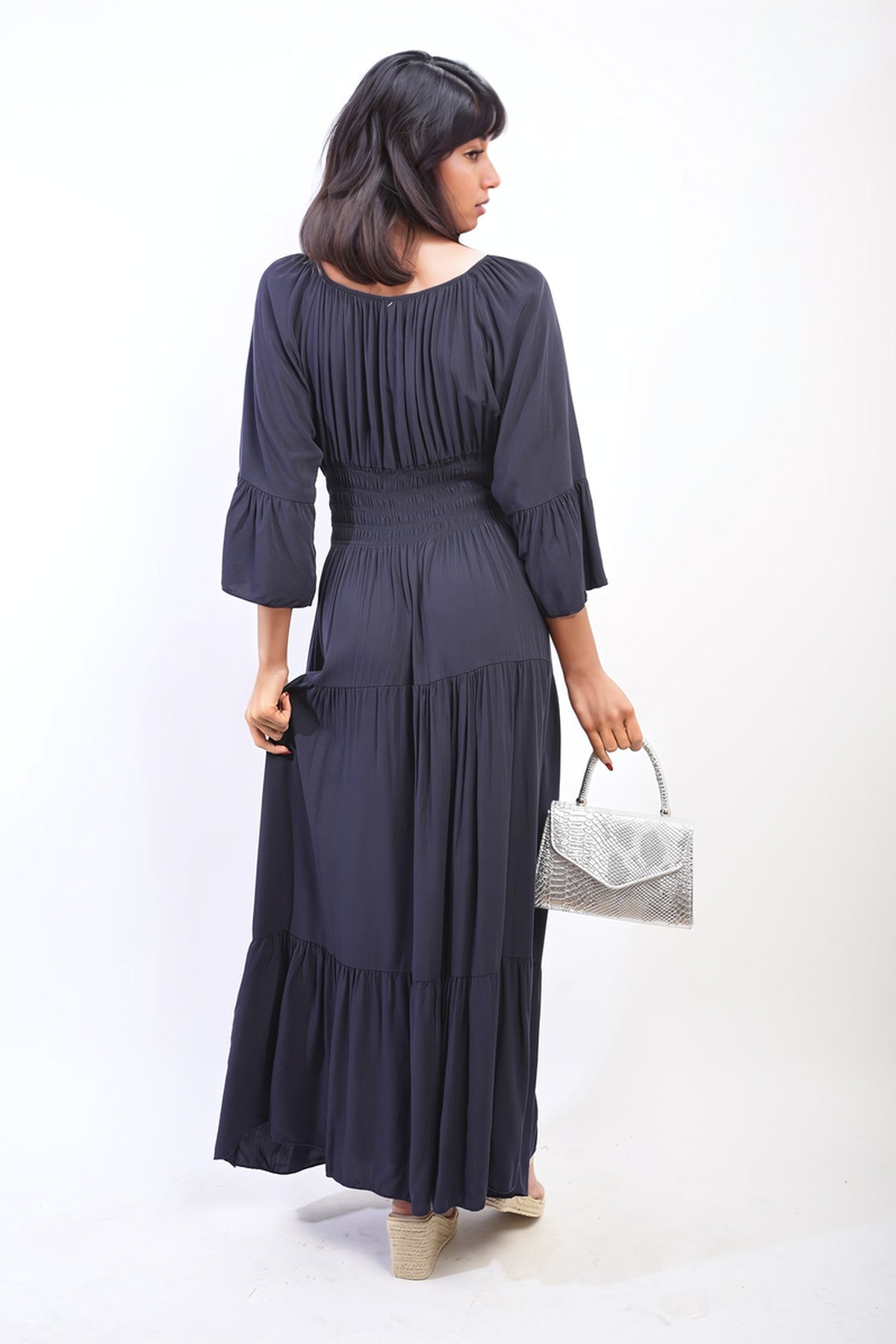 Leah Ruffle Hem Sleeve Shirred Waist Tiered Maxi Dress - Navy