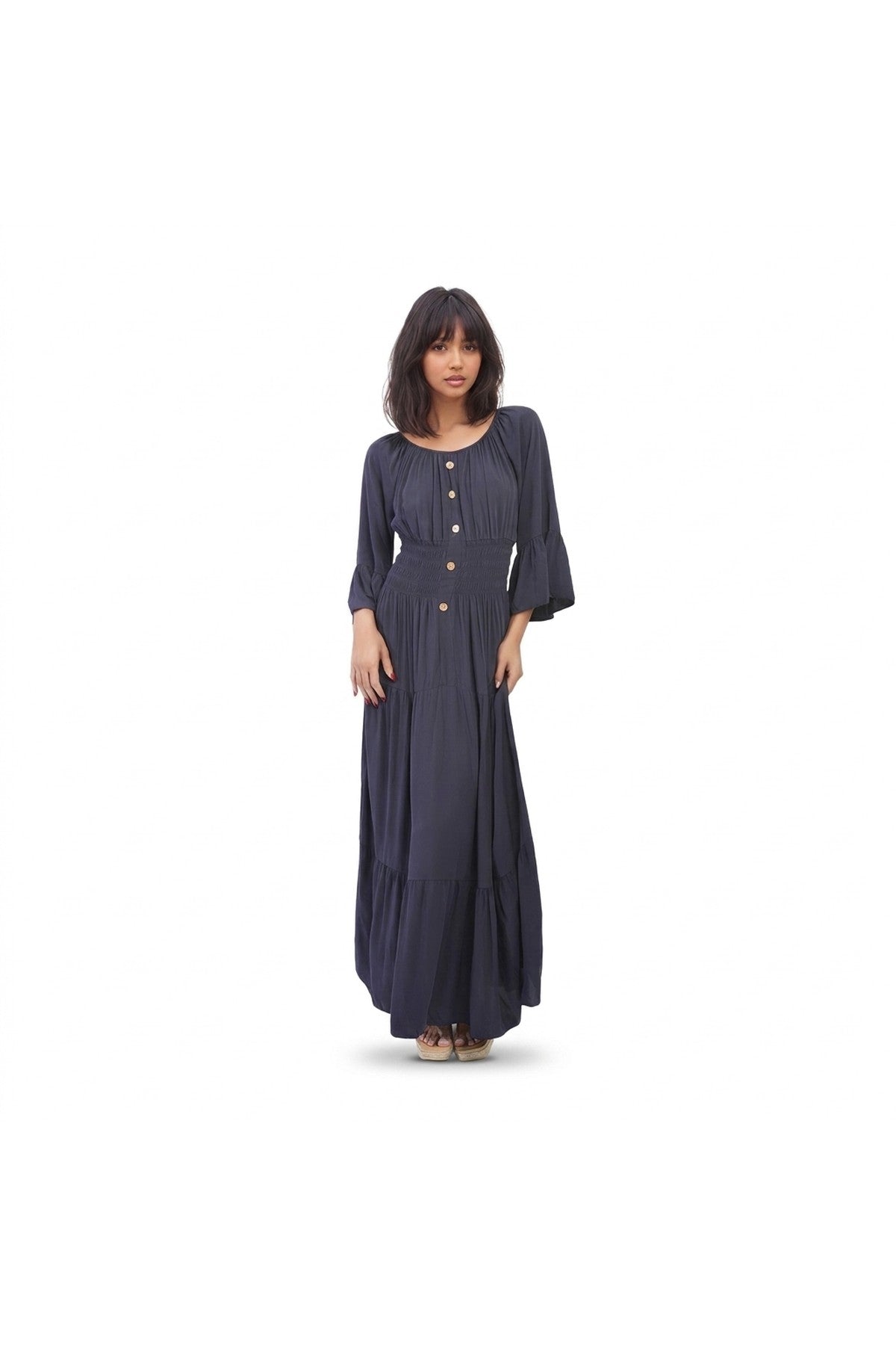 Leah Ruffle Hem Sleeve Shirred Waist Tiered Maxi Dress - Navy_wb