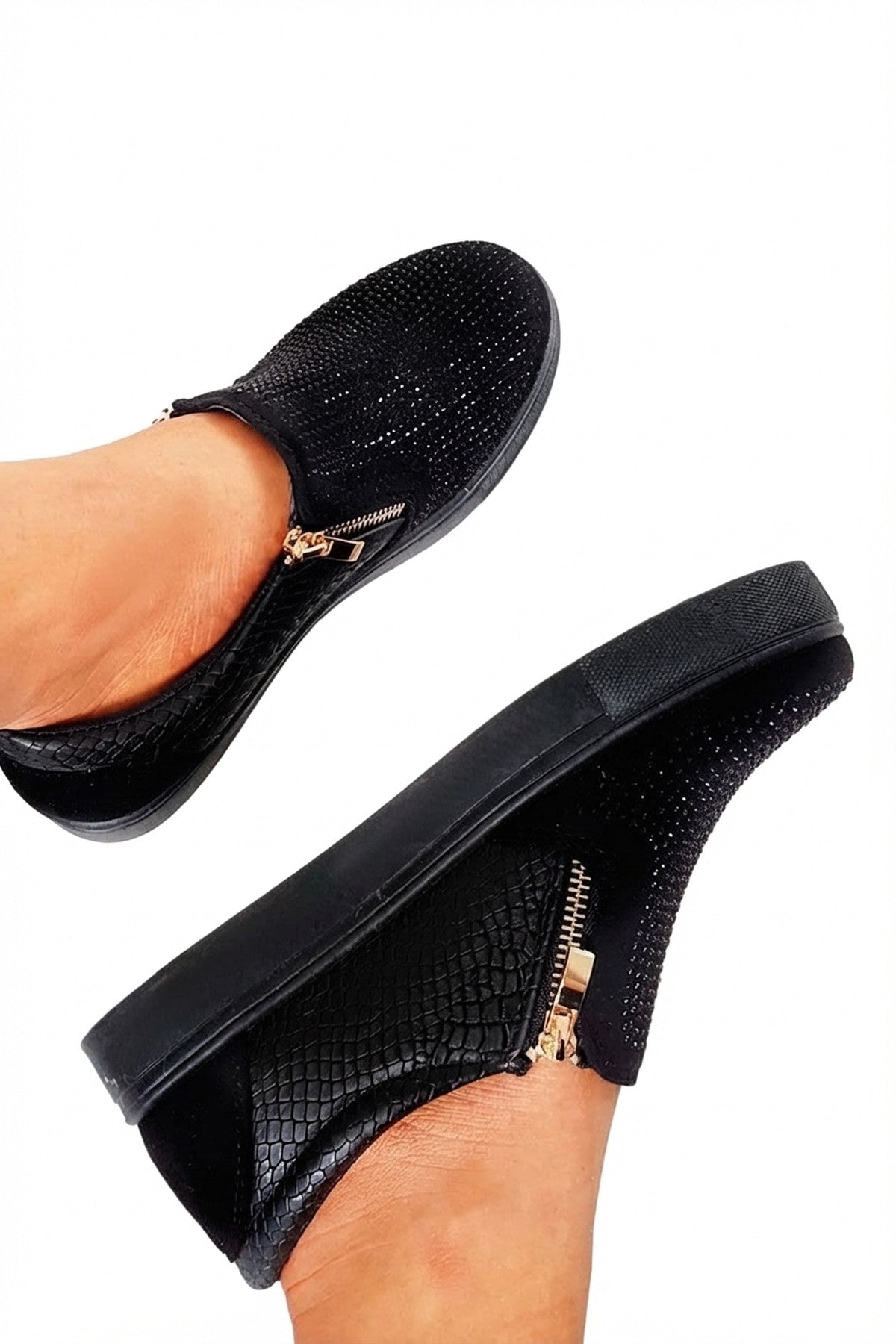Leah Crystal Suede Zip Pumps Trainers - Black