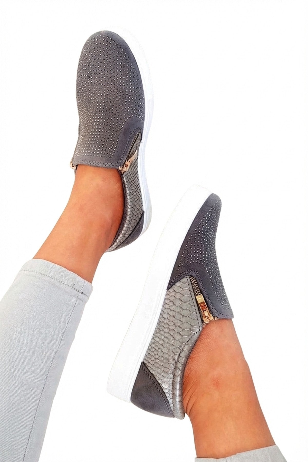 Leah Crystal Suede Zip Pumps Trainers - Grey