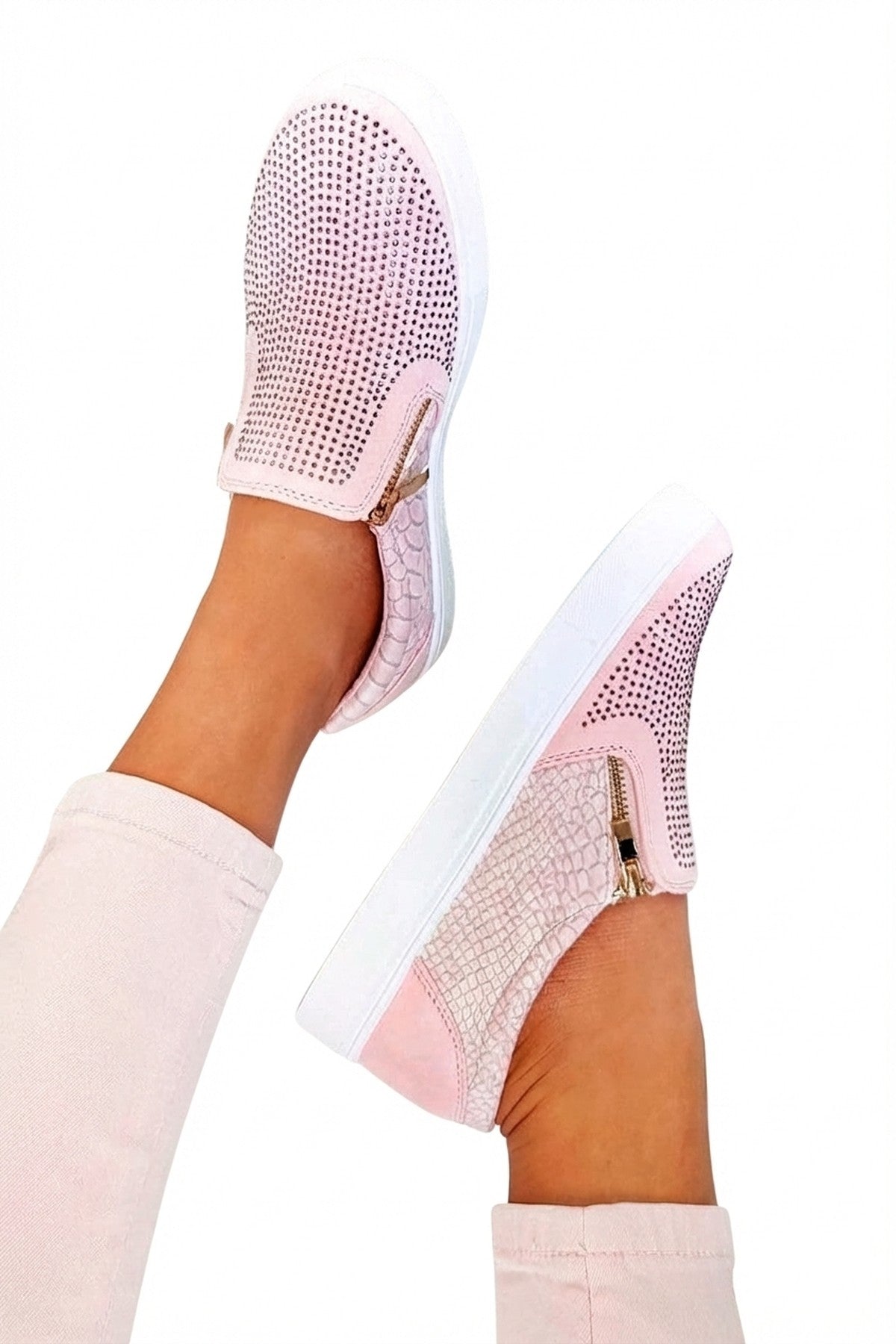 Leah Crystal Suede Zip Pumps Trainers - Pink