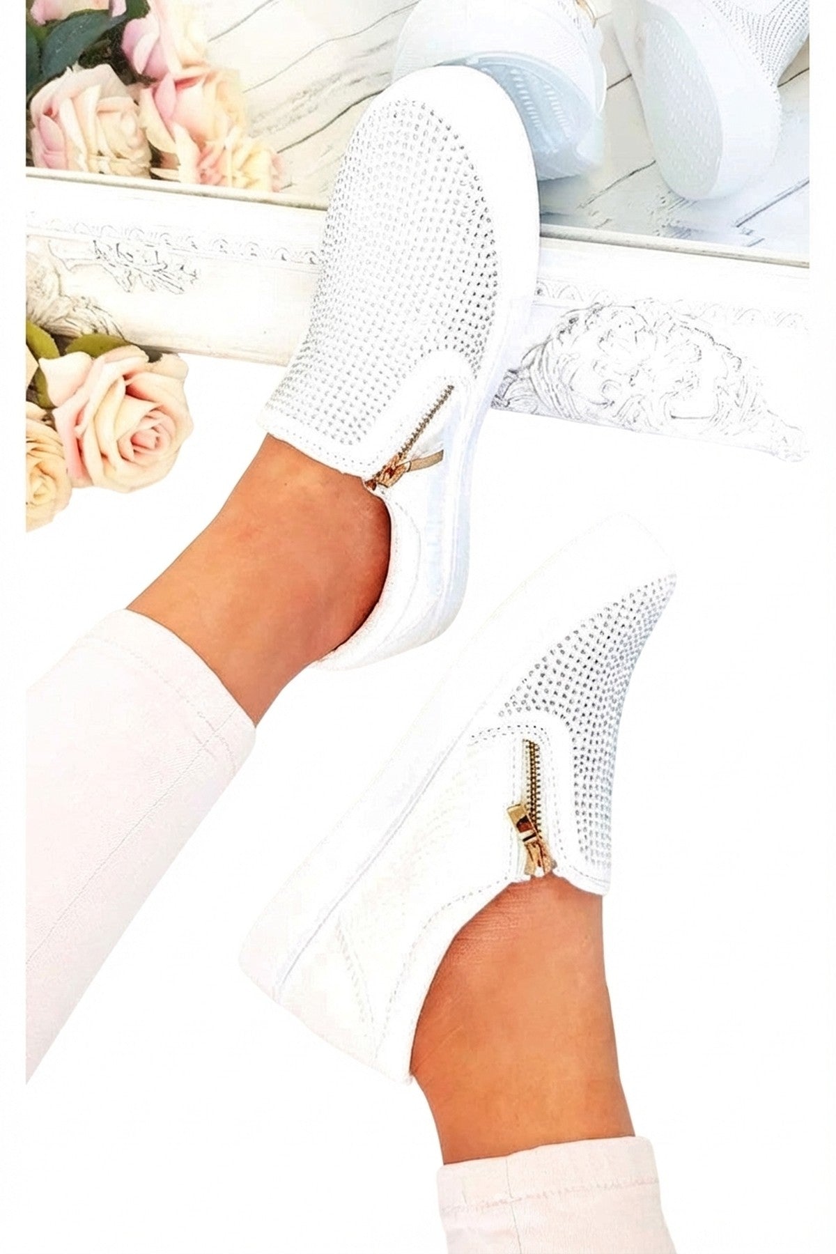 Leah Crystal Suede Zip Pumps Trainers - White