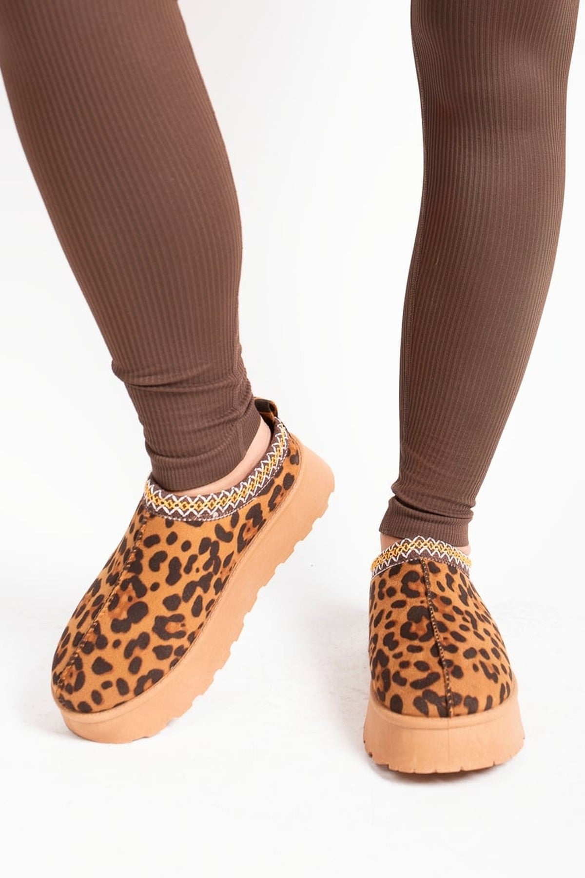 Jolene Aztec Detail Low Ankle Platform Slipper Boots - Leopard